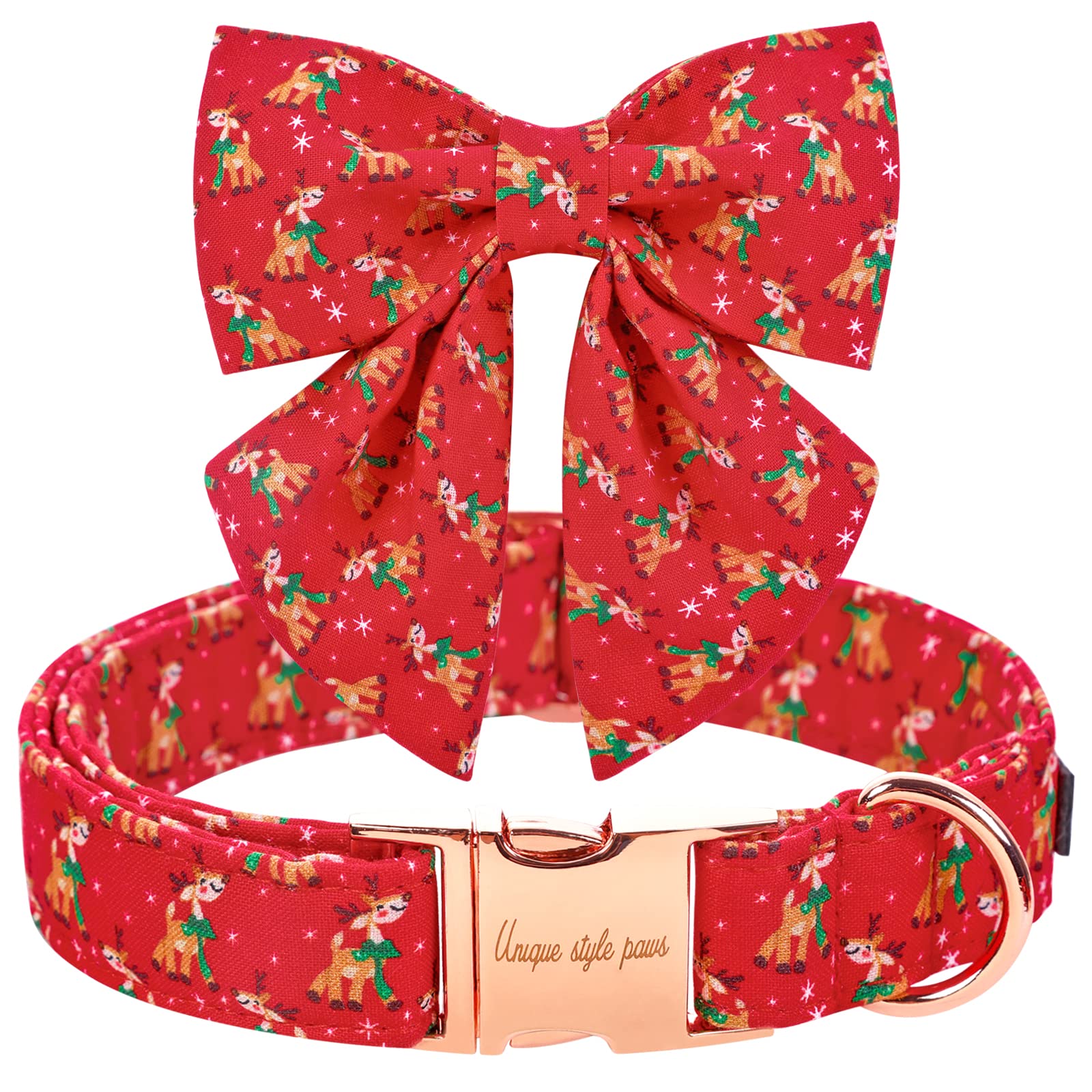 Unique Style Paws Christmas Dog Collar With Tie Red Elk Pure Cotton Collar Adjustable Puppy Collar For Small Medium Large Dogs-Xs