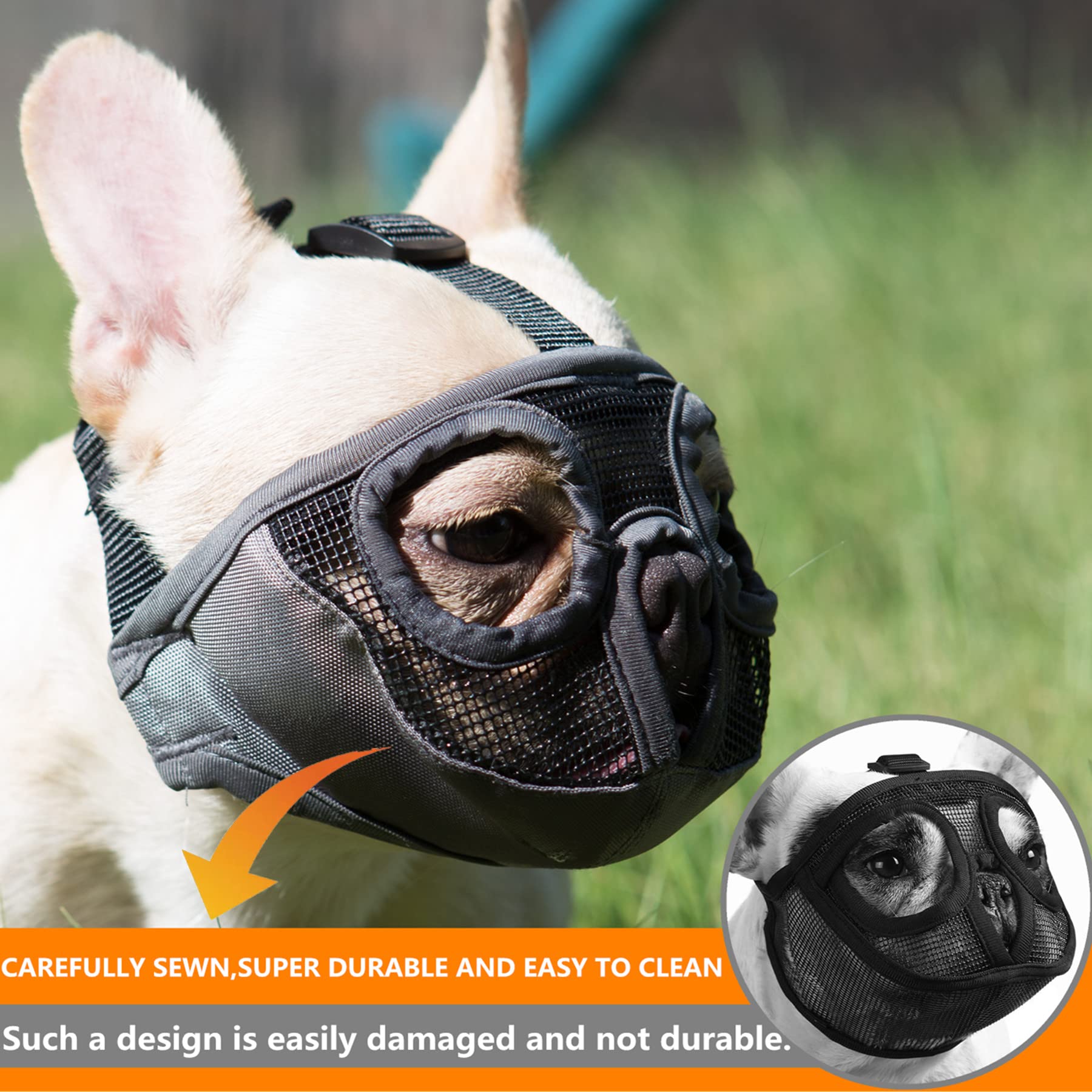 Jyhy Short Snout Dog Muzzle- Adjustable Breathable Mesh Bulldog Muzzle For Biting Chewing Licking Grooming Dog Mask,Black M