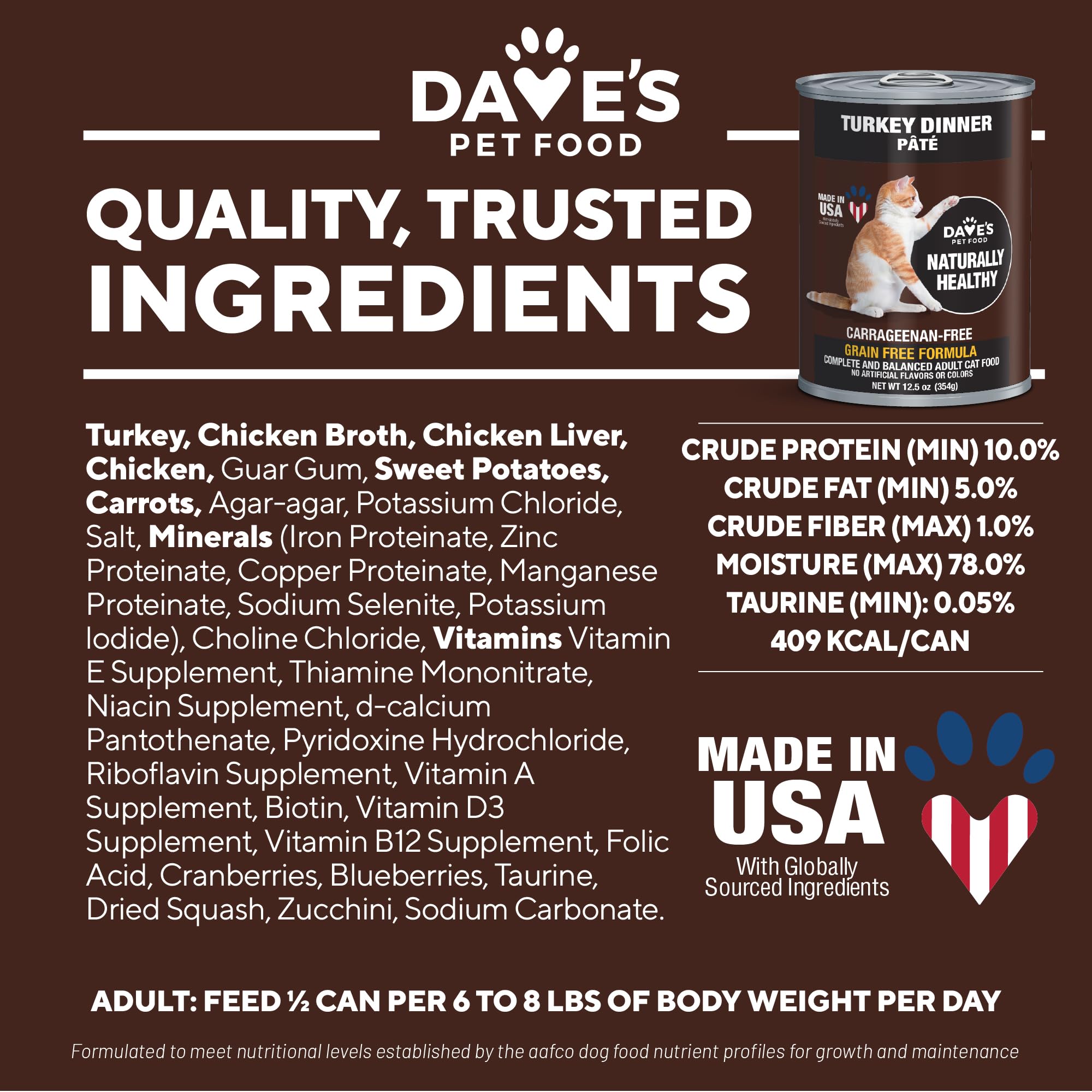 Daves Pet Food Grain Free Wet Canned Cat Food (Turkey), Made in USA Naturally Healthy, Added Vitamins & Minerals, Gluten-Free,