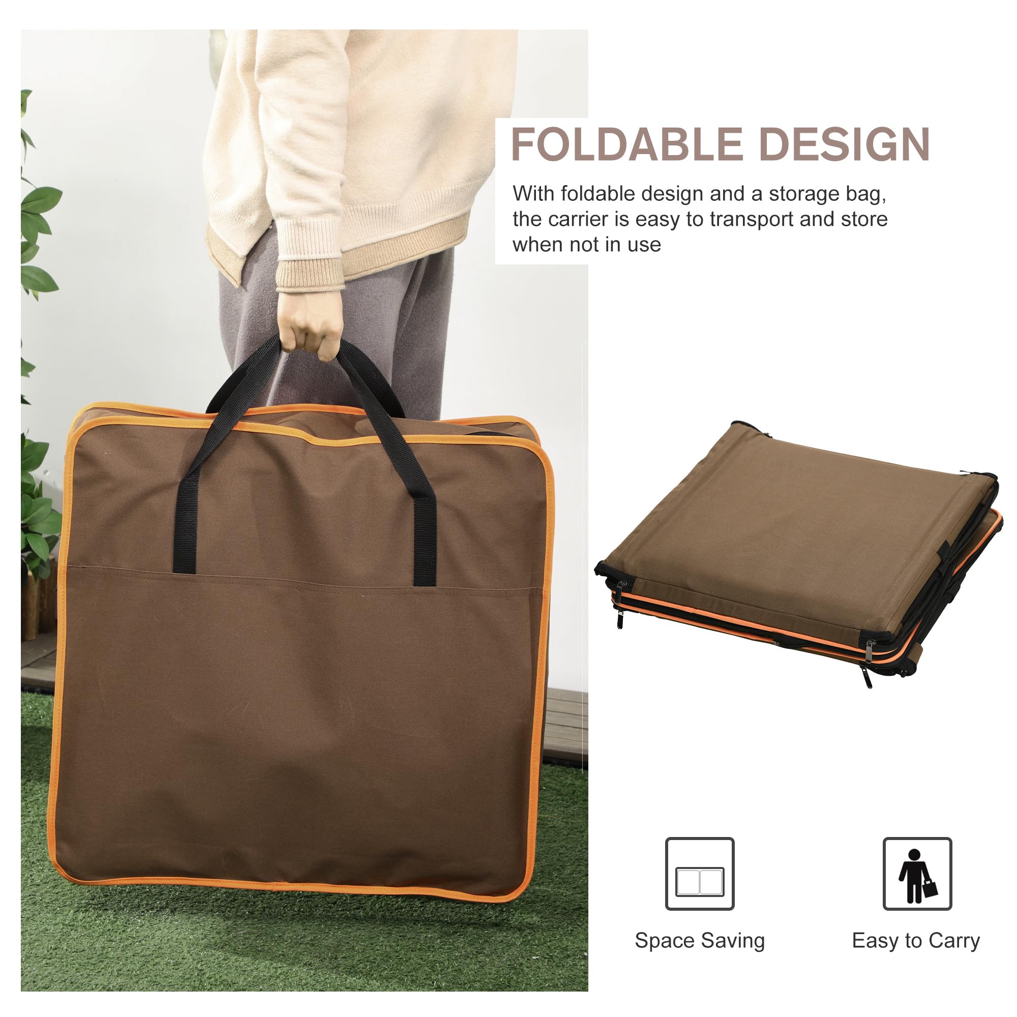 Pawhut 39' Portable Soft-Sided Cat Carrier, Travel Pet Carrier With Divider, Two Compartments, Soft Cushions, & Storage Bag, Brown