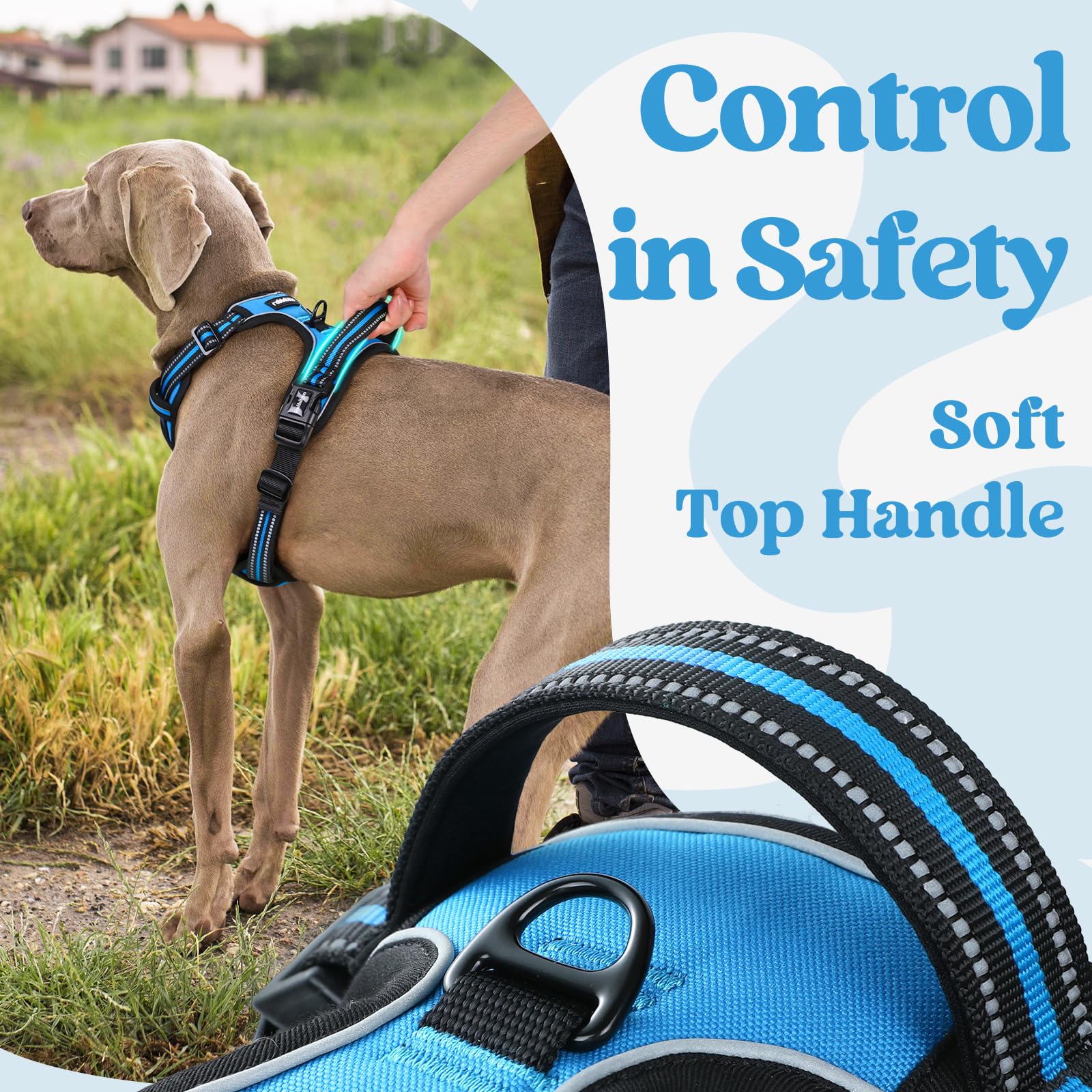 Rabbitgoo Dog Harness For Large, No Pull Pet Harness With 3 Buckles, Adjustable Soft Padded Pooch Vest With Instant Control Handle, Easy Walking Reflective Pet Vest For Large Dogs, Sky Blue, L