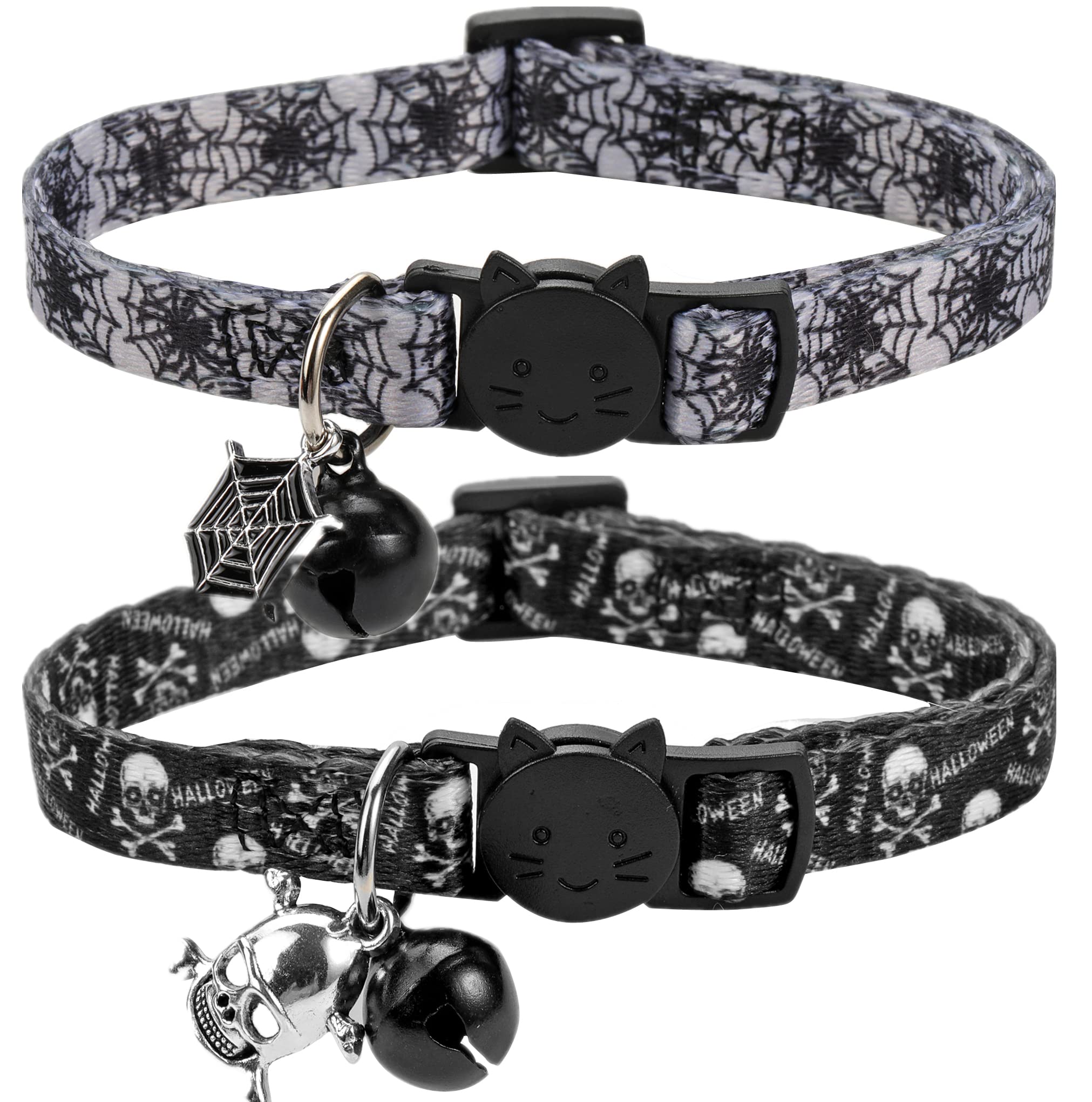 Boombone Cat Collar Halloween Set Of 2, Skull Cat Collar For Small Dogs, Holiday Kitten Collar With Bell