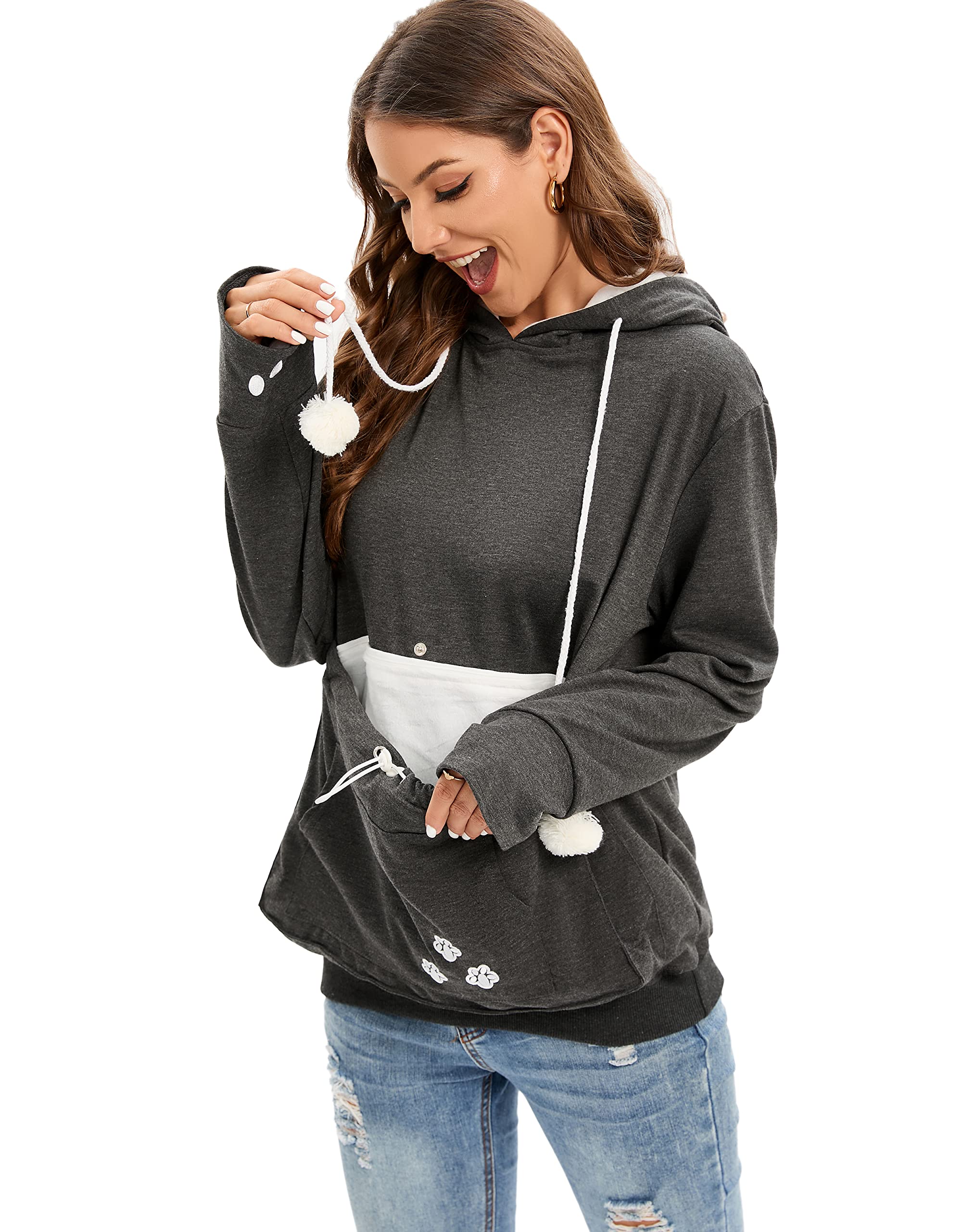 Bombaxceiba Pet Pouch Hoodie Small Pet Carrier,Dog Cat Pouch Hoodie Sweatshirt Kangaroo Pocket Holder, With Ears Women'S Fit(Deepgray,M)
