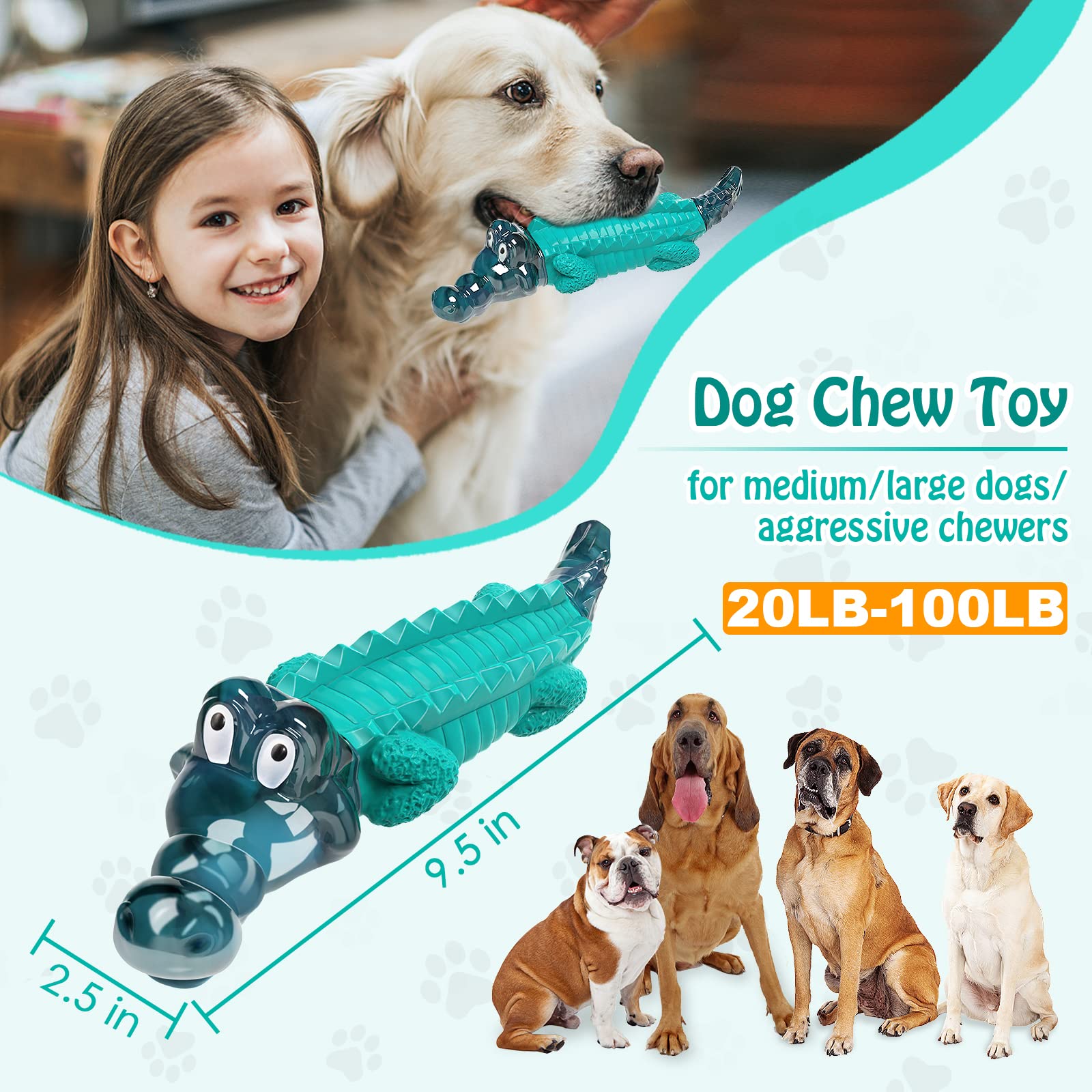 Jeefome Large Dog Chew Toy - Tough Indestructible Nylon Rubber for Aggressive Chewers - Blue