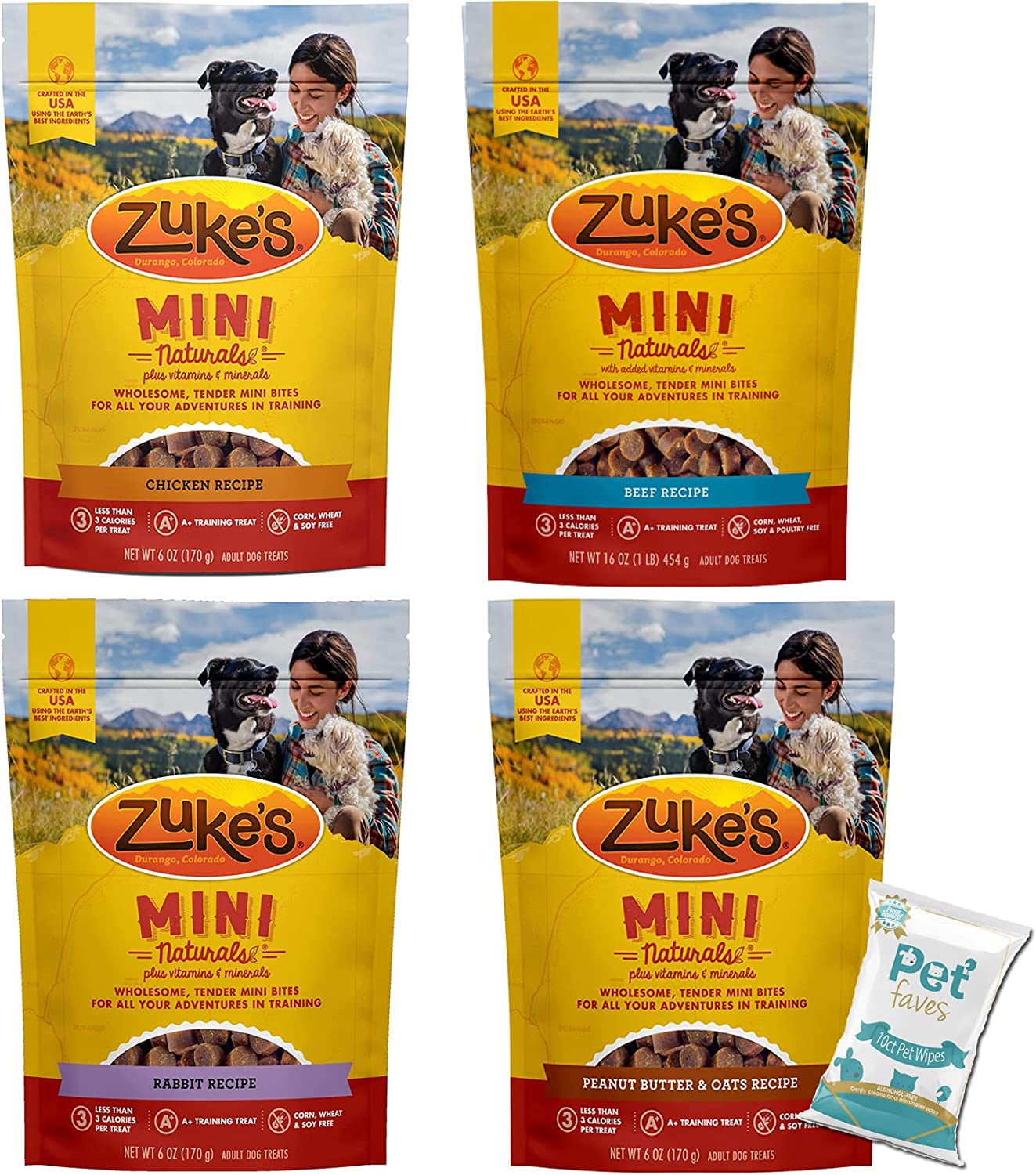 (4 Pack) Zukes Mini Naturals Healthy Moist Dog Training Treats Variety Pack (6oz Each) - Chicken, Beef, Rabbit, and Peanut Butte