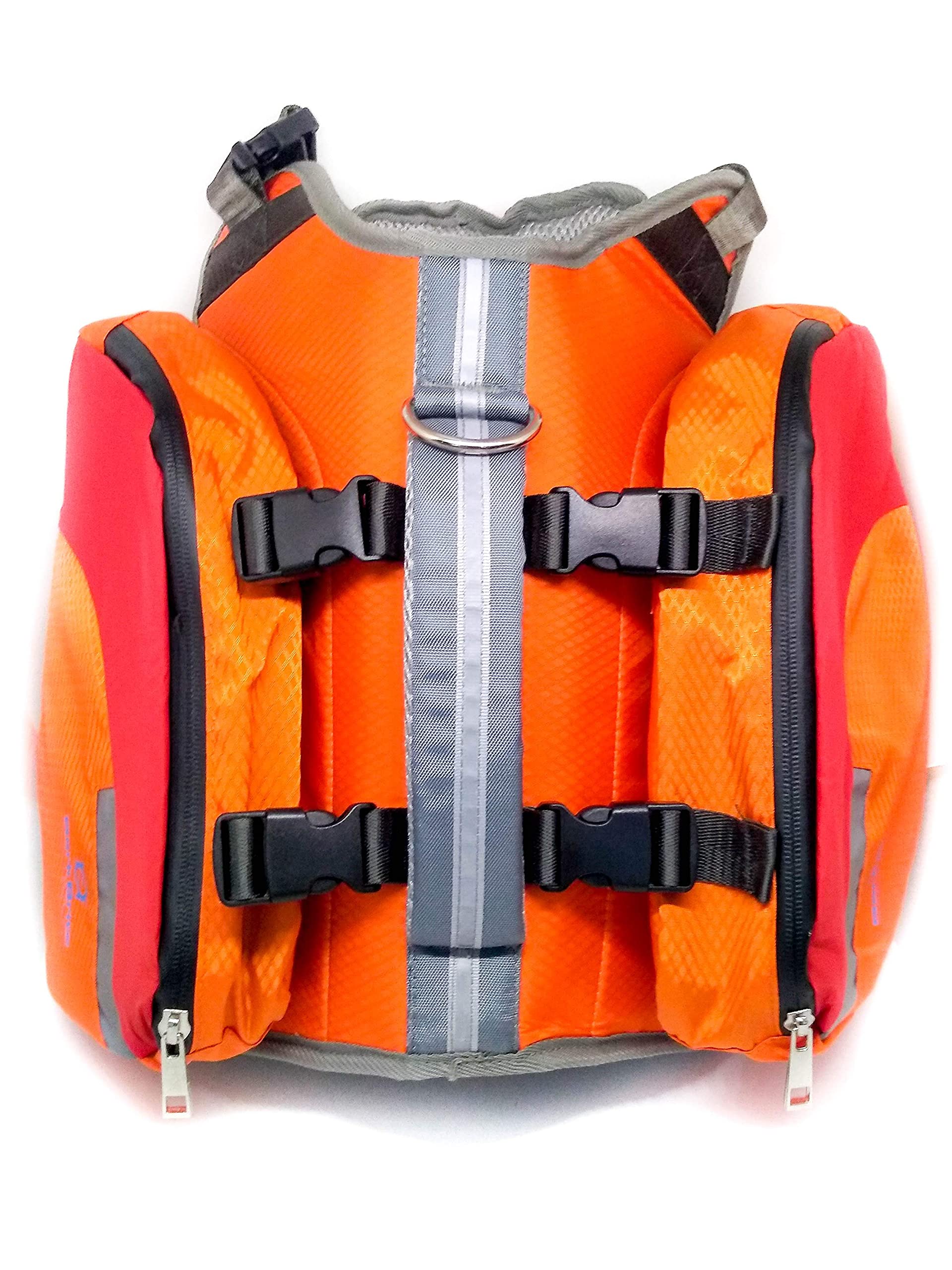 Bark Brite Multi-Purpose Dog Backpack Life Jacket - Medium, Orange/Red/Grey, Durable Material