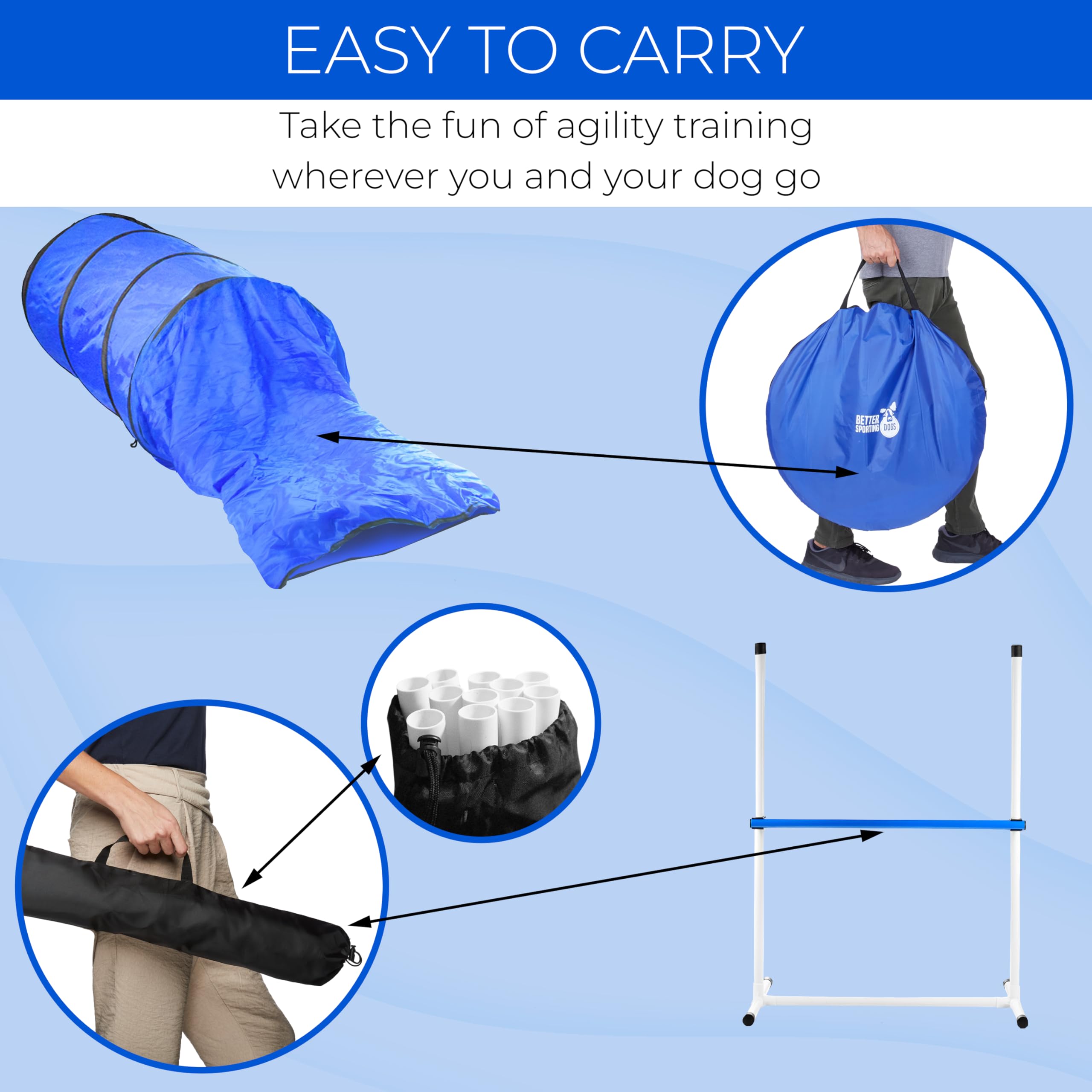 Better Sporting Dogs Agility Course Backyard Set - 7pc Indoor and Outdoor Agility Training Equipment for Dogs - 3 Jumps - 2 Tunn