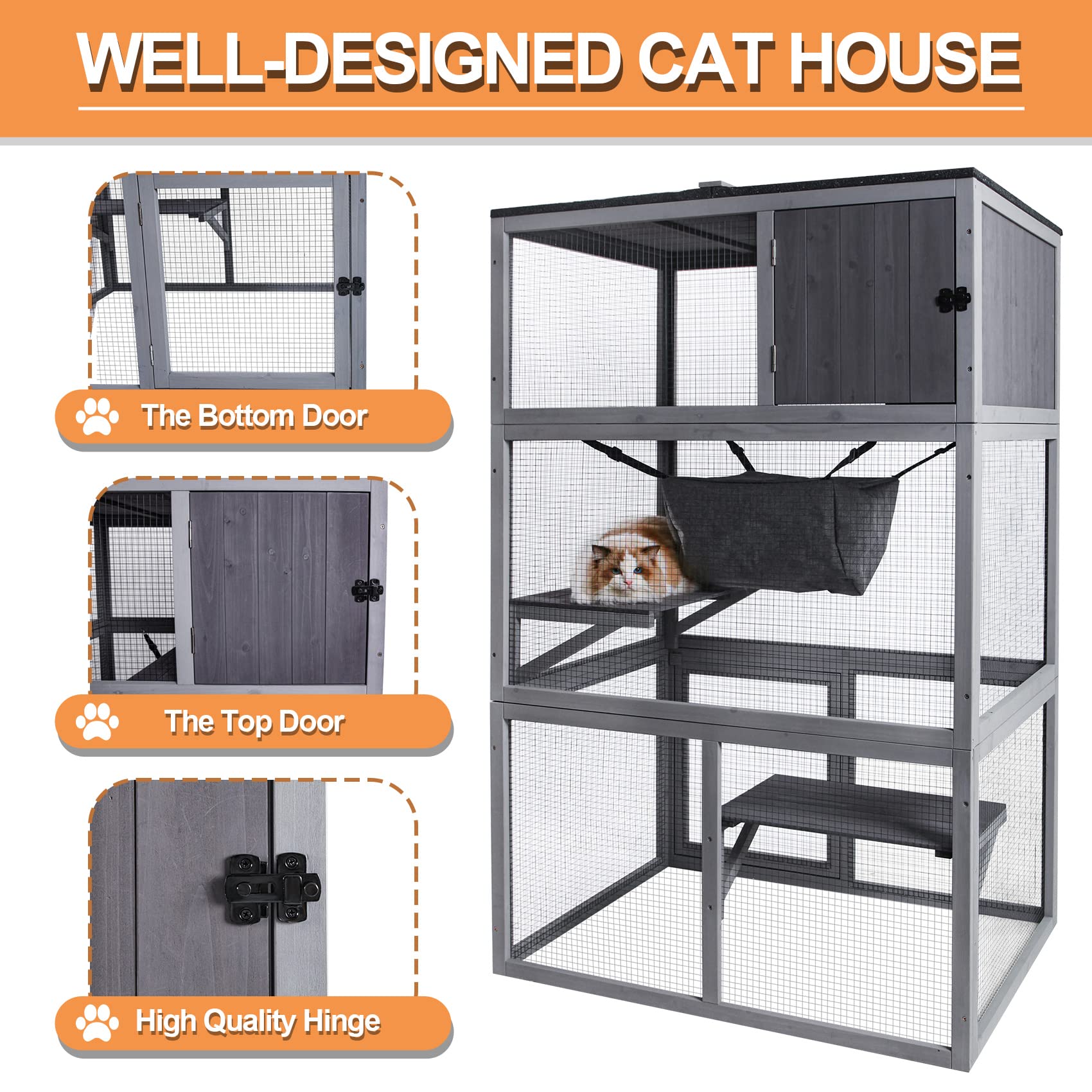 X-ZONE PET Catio Wooden Outdoor Cat Enclosure, 3 Floors, Asphalt Roof, Model DXCH001-FBM, Wood Color