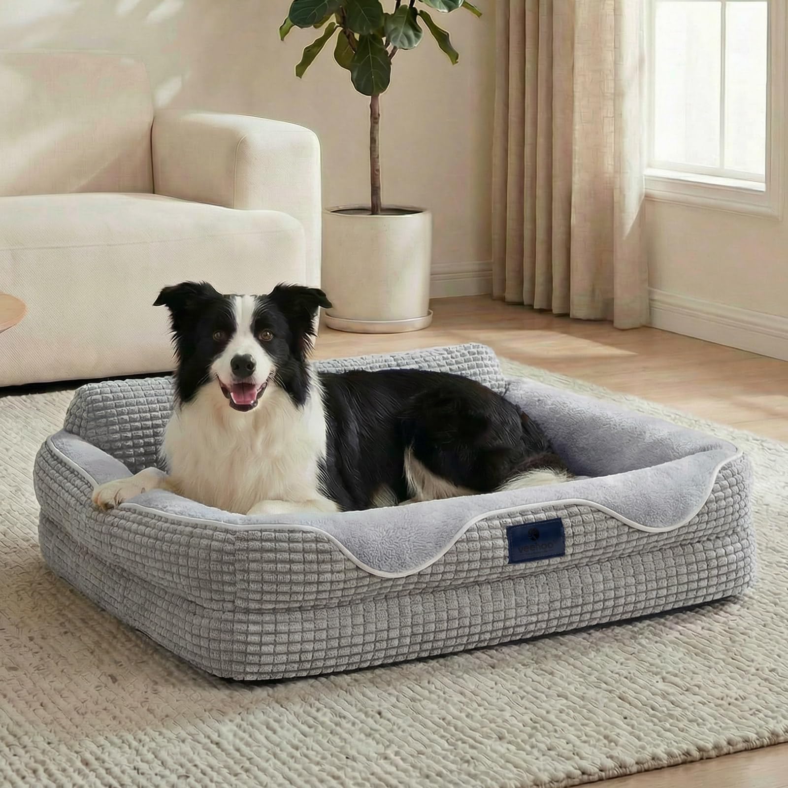 Veehoo Cute Large Dog Beds, Orthopedic Waterproof Large Bed for Dog with Sides, High Back NonSlip Bottom and EggCrate Foam Pet