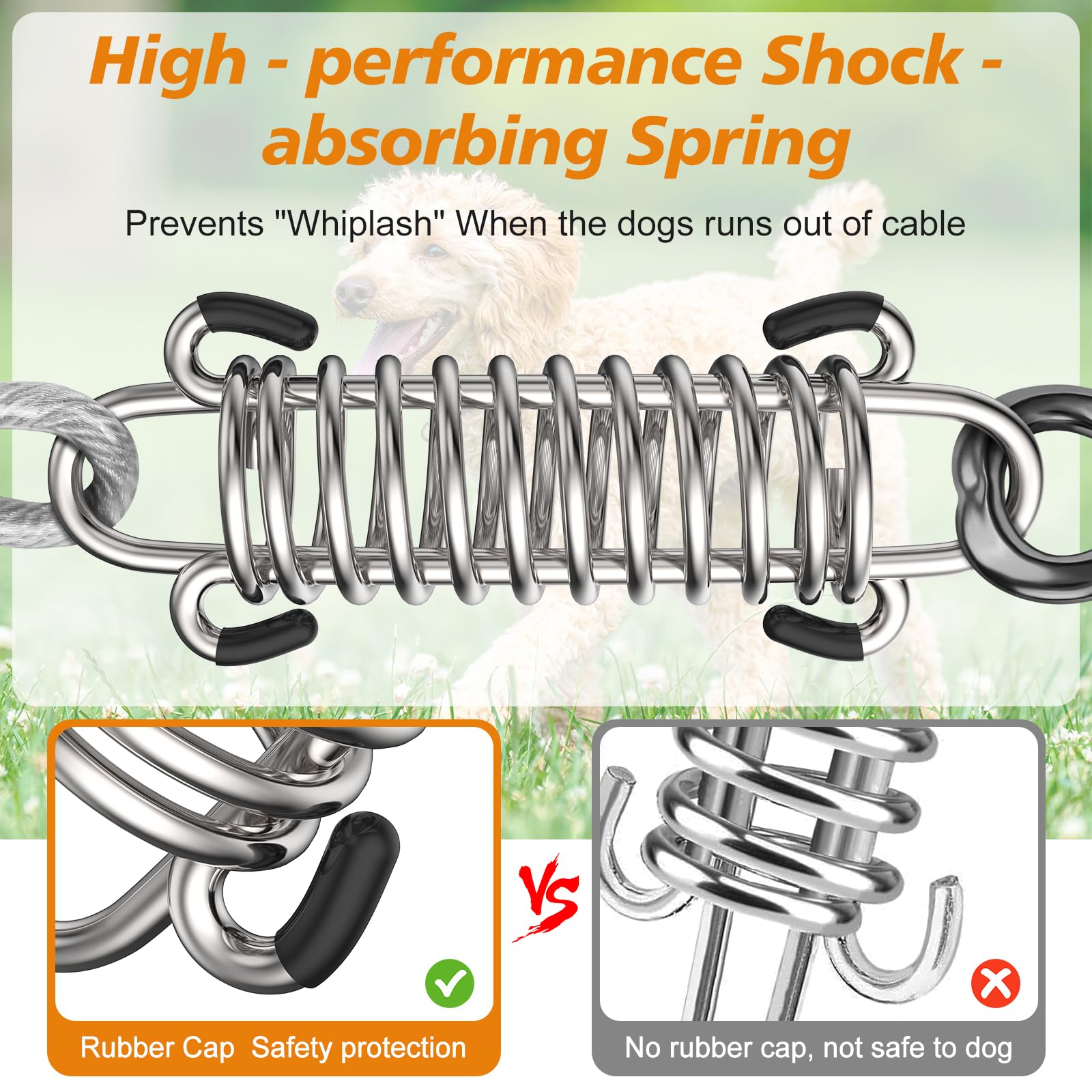 Tresbro Dog Leads For Yard, 40Ft Tie Out Cable With Shock Absorbing Spring And Swivel Hook, Chew Proof Chain For Outside, Runner