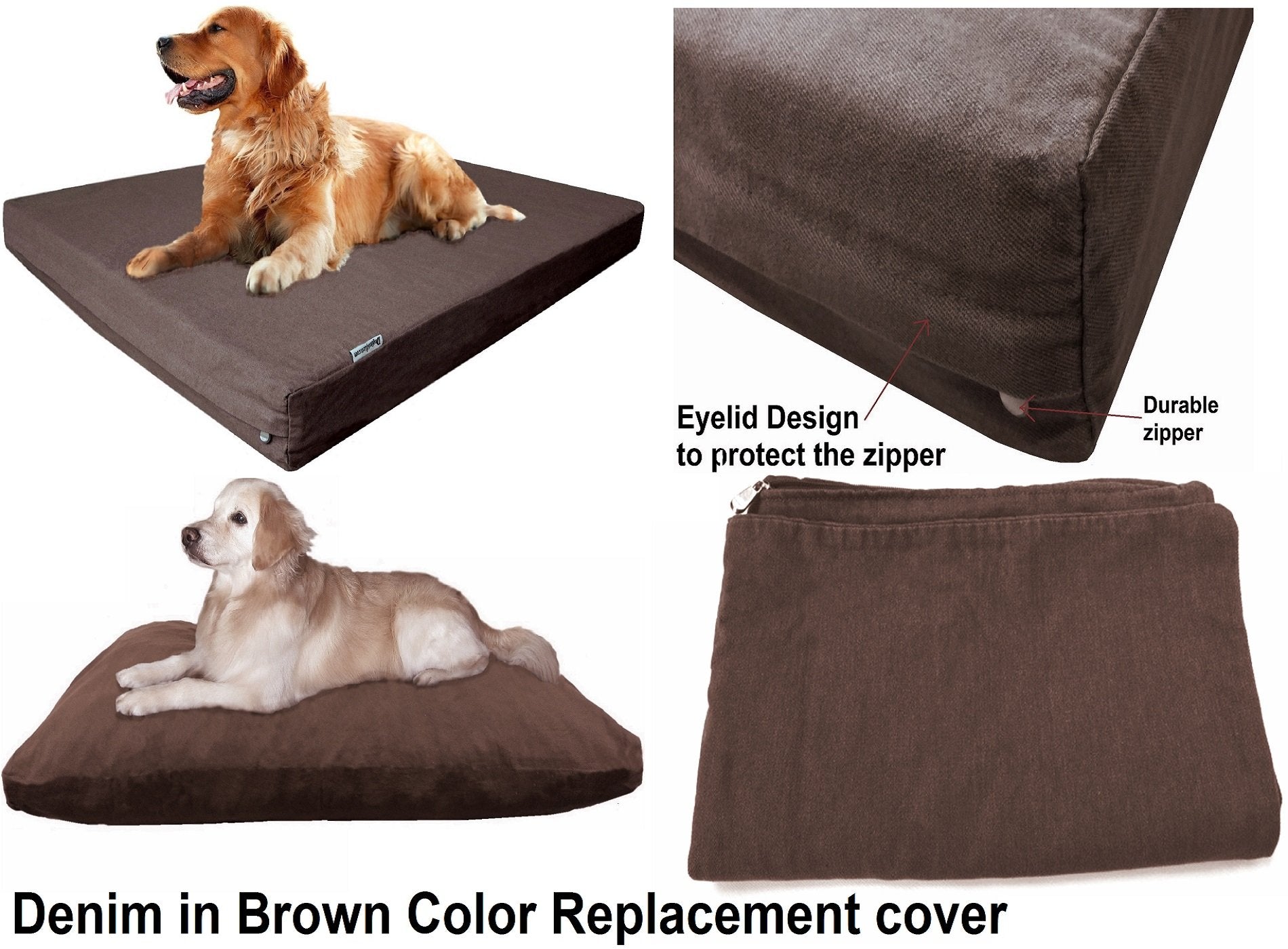 Dogbed4Less 47X29X4 Inches Extra Large Size Brown Color Denim Jean Dog Pet Bed External Zipper Cover - Replacement Cover Only