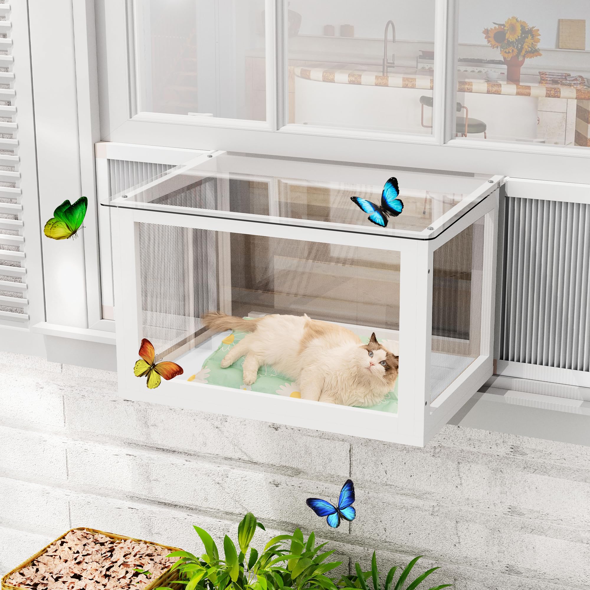 Dephet Cat Window Box - Outdoor Catio Enclosure Perch, Mosquito-Proof, Fits 25.2"-43" W, White, Fir Wood, Model 1PS9811