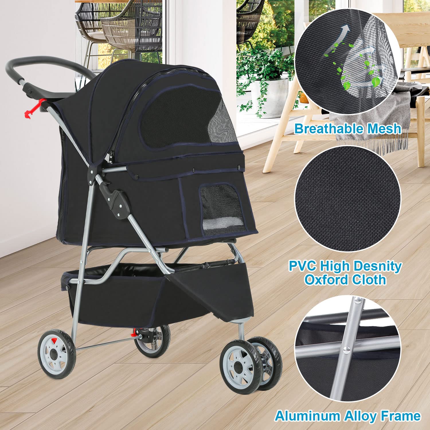BestPet 3 Wheels Pet Stroller Dog Cat Cage Jogger Cats Travel Folding Carrier Waterproof Puppy with Cup Holder & Removable Liner