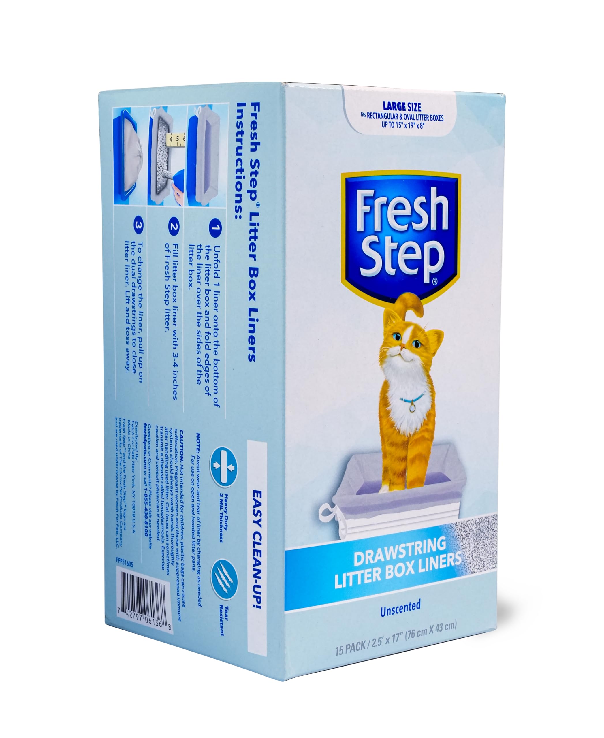 Fresh Step Drawstring Cat Litter Box Liners, Unscented, Size Large, 30' X 17' | Kitty Litter Bags - 15 Count - Cat Litter Liners For Rectangle Or Oval Litterboxes