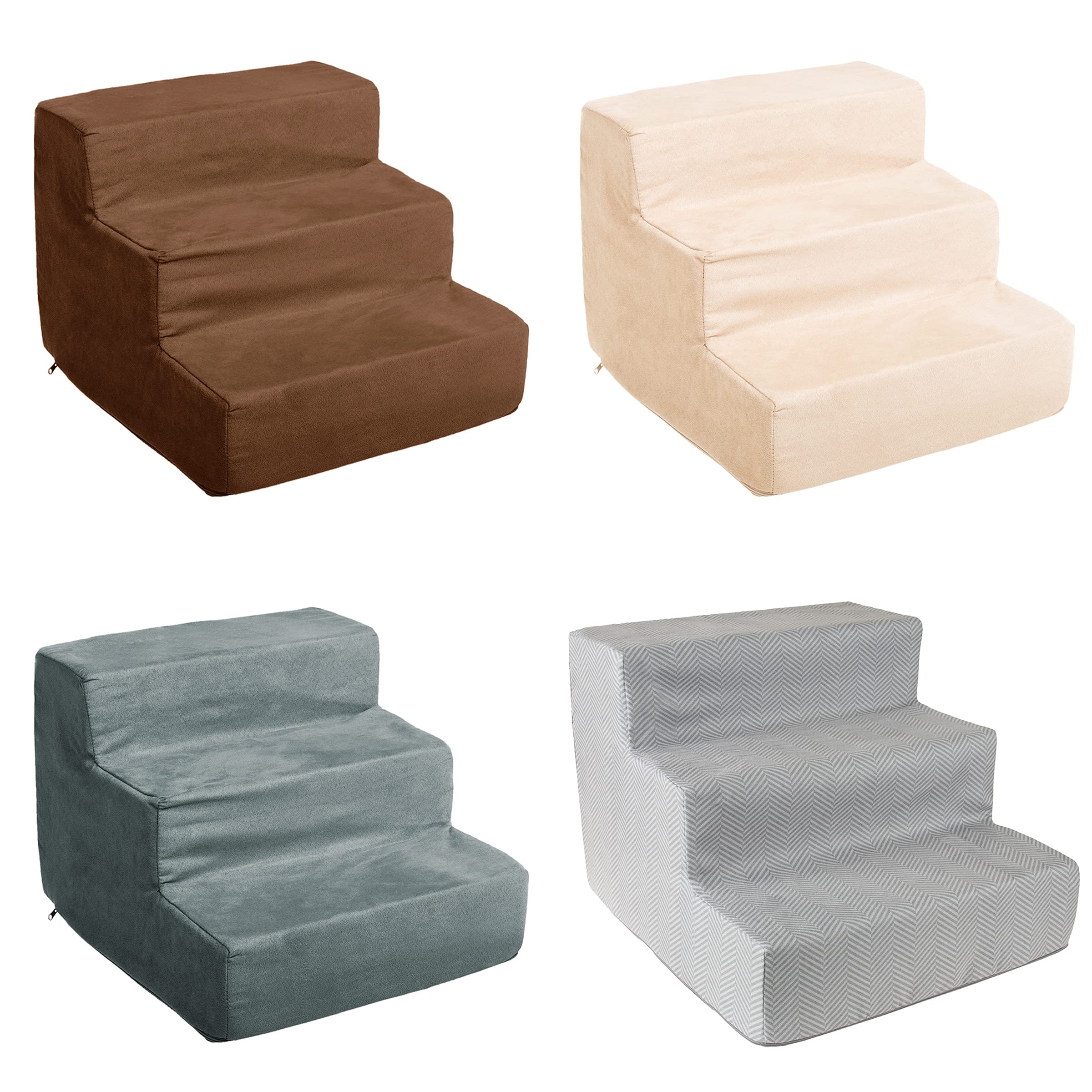3-Step Pet Stairs - Nonslip Foam Dog and Cat Steps with Removable Zippered Microfiber Cover - 2-Tone Design for Home or Vehicle