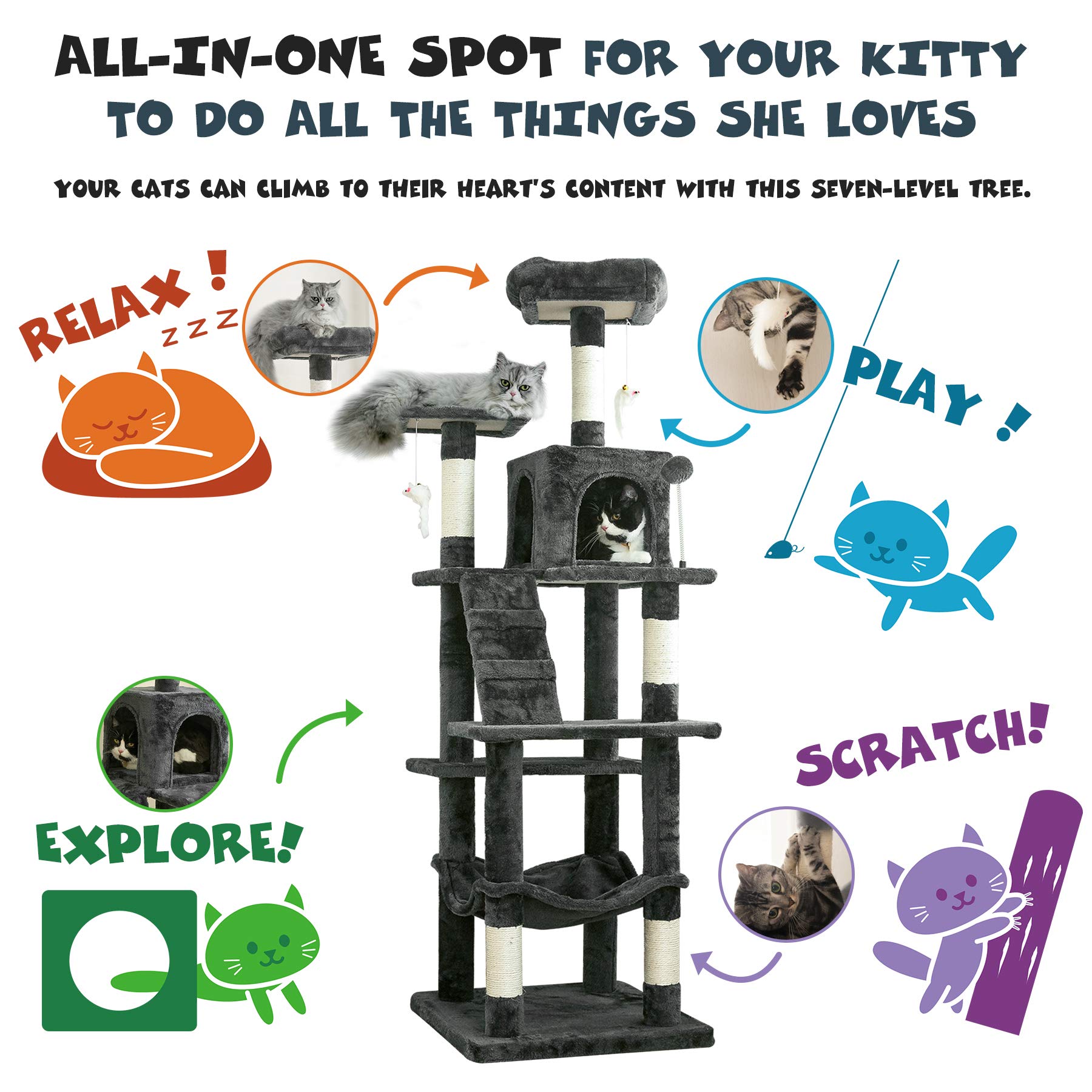 Mwpo 63.8 Inches Multi-Level Cat Tree For Large Cats With Sisal-Covered Scratching Posts, Padded Platform, Hammock And Condo,Stable Cat Tower Cat Condo Pet Play House-Smoky Gray