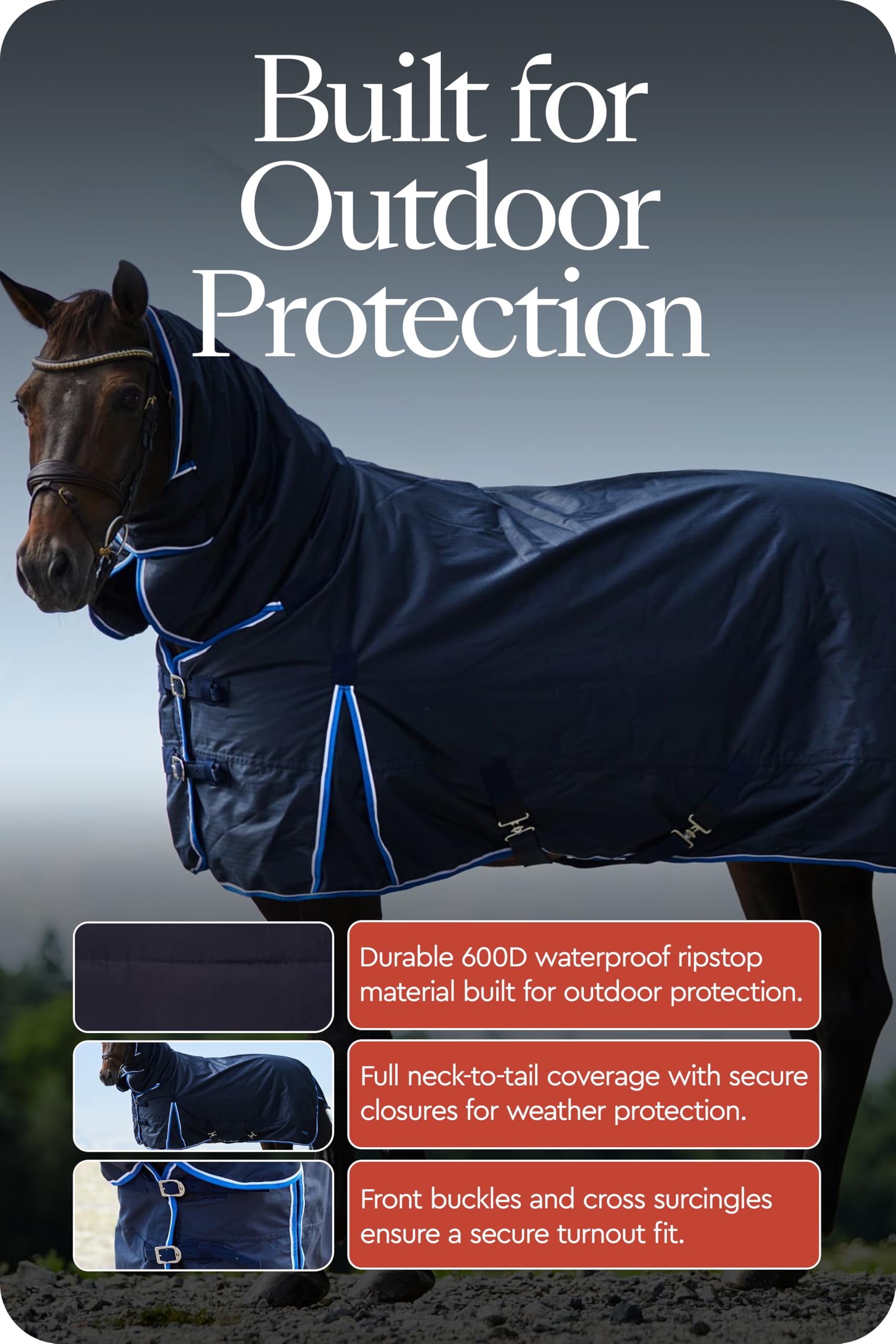 HORZE Glasgow Medium Weight Waterproof Combo Turnout Winter Horse Blanket with Neck Cover (150g Fill) - Dark Blue - 78 in