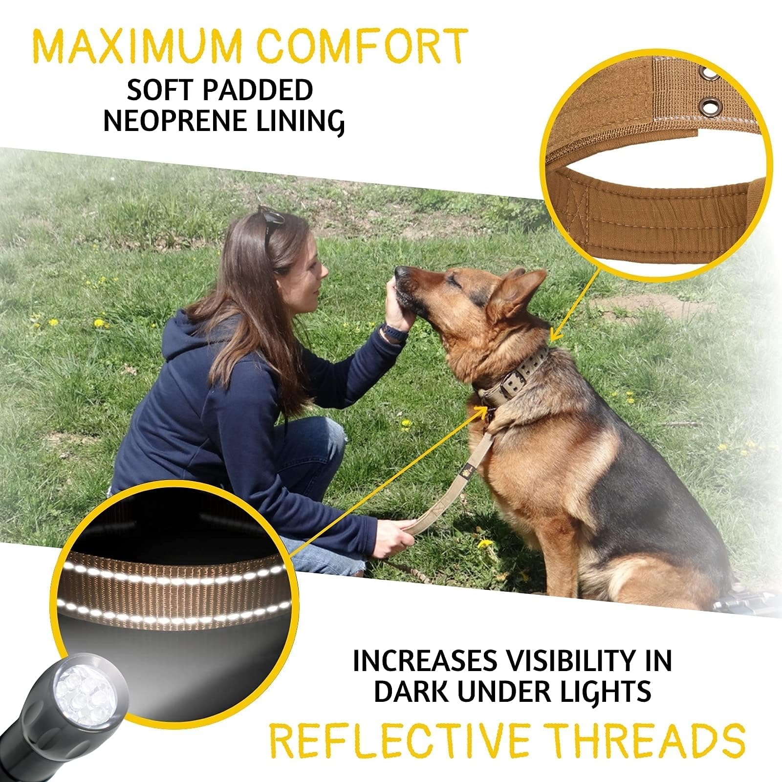 ADITYNA Heavy Duty Dog Collar for Large Dogs - Reflective, Soft Neoprene Padded, Coyote Brown, Fit 18-23" Neck, Model TC2 - L
