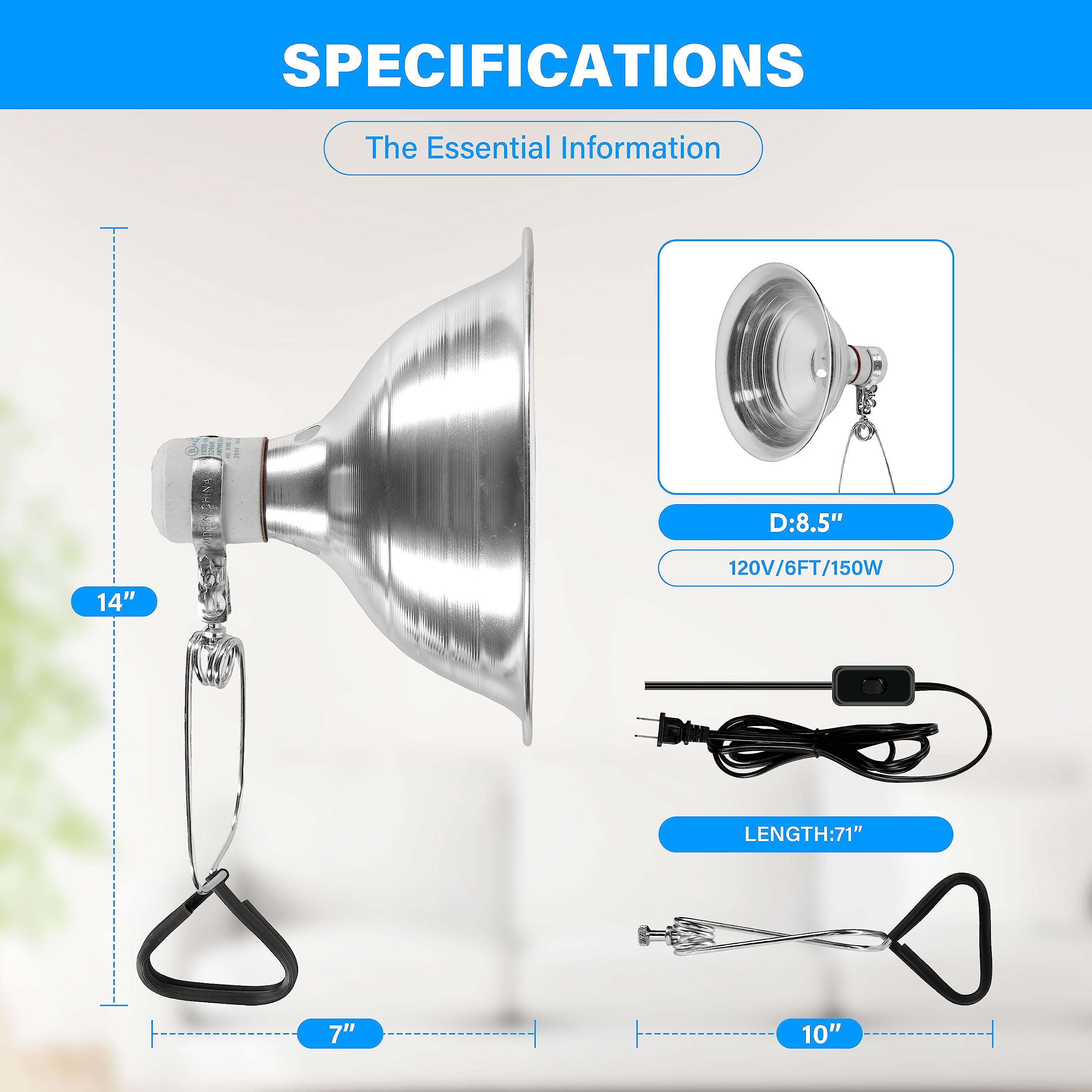 Simple Deluxe Ptclamcr150M 150W Ceramic Reptile Heat Lamp Bulb & 150W Clamp Light With 8.5'' Aluminum Reflector Combo For Amphib