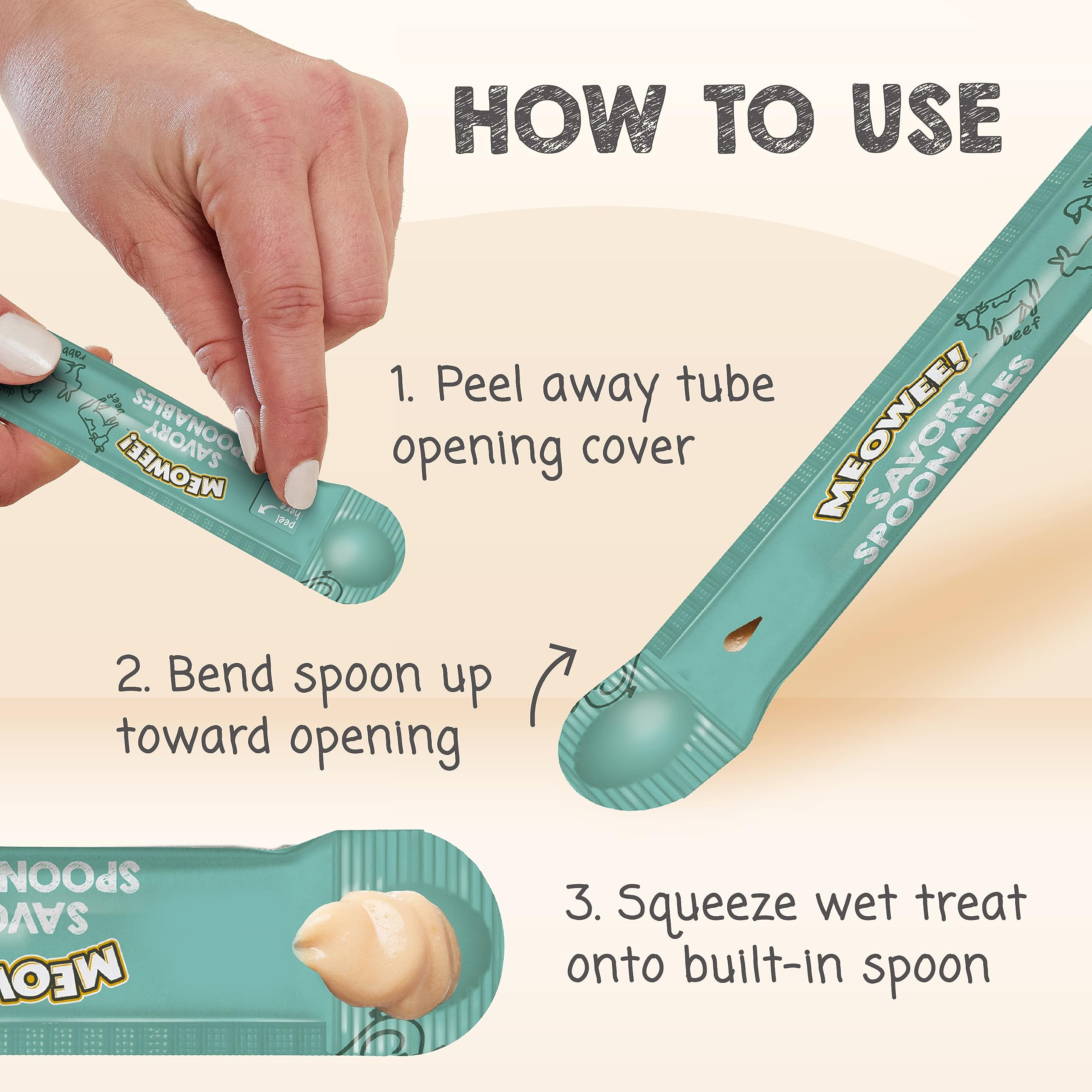 MEOWEE! Savory Spoonables with Real Duck, Beef & Rabbit, 4 Count Tube, Triple Flavor Squeezable Lickable Wet Treats for Cats wit