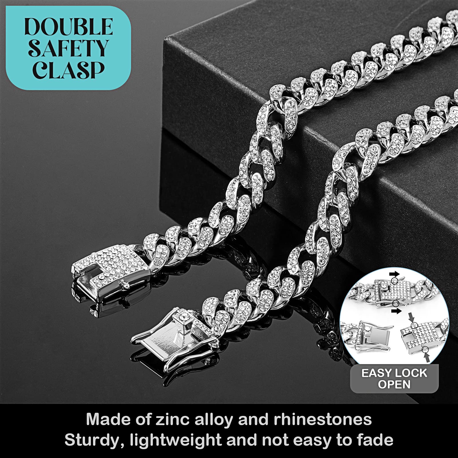 Tallew Dog Chain Diamond Cuban Collar Walking Metal Chain Collar With Design Secure Buckle, Pet Cuban Collar Jewelry Accessories