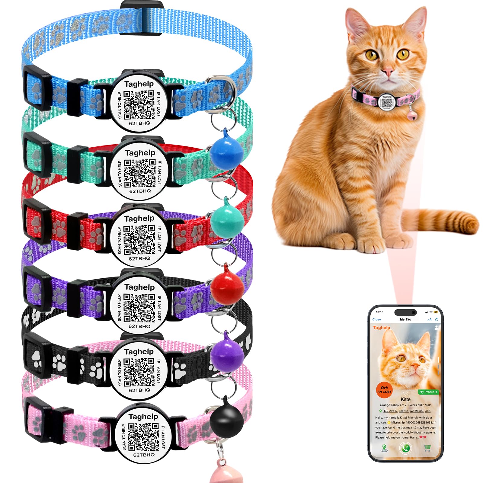 6 Pack Cute Cat Paws Cat Collar With Name Tag, Personalized Reflective Cat Collar Breakaway, Pet Collar With Smart Id Tag On Id 