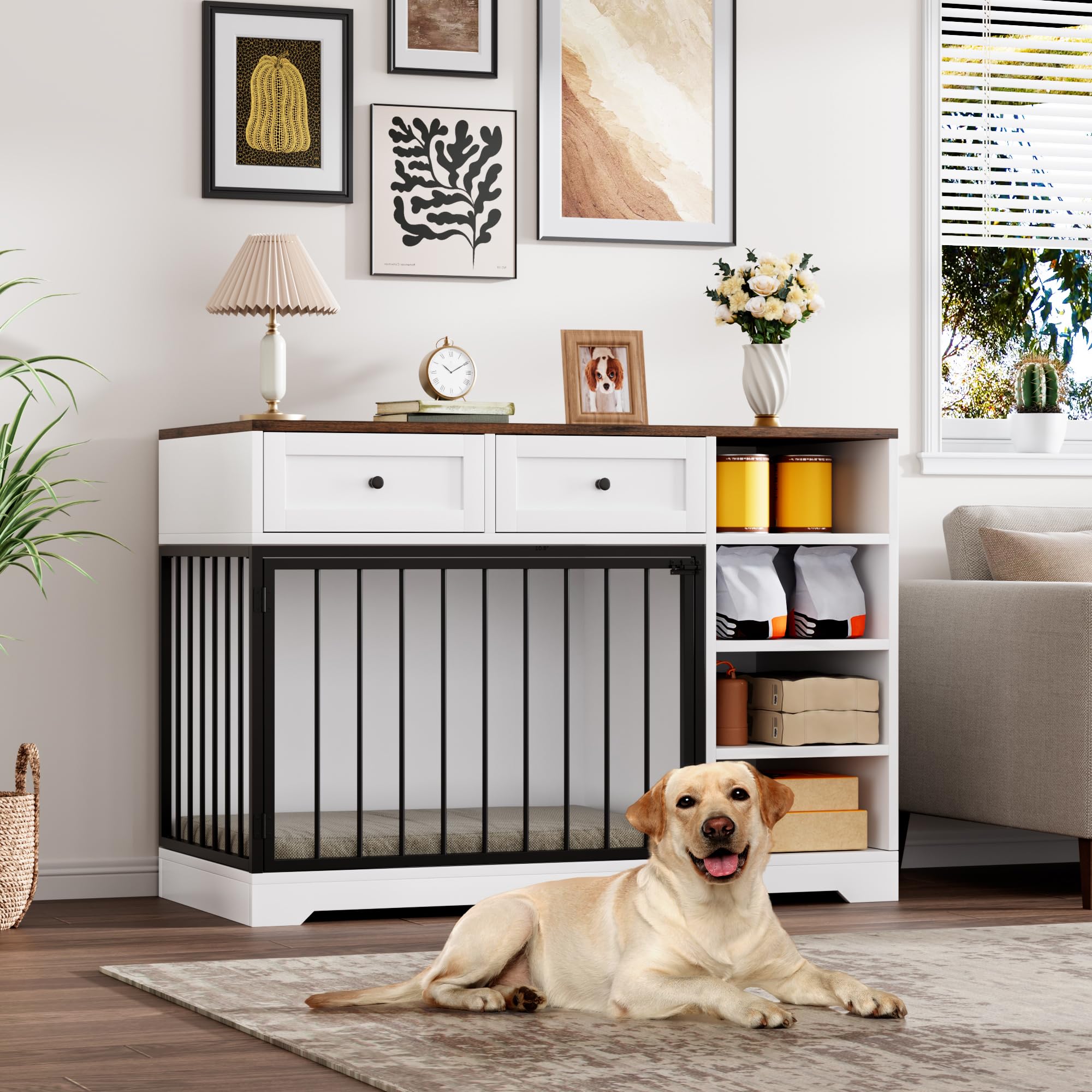 Garvee 47.2 Dog Crate Furniture with 2 Drawers and 4 Shelves, Wood Dog Crate TV Stand, Large Dog Kennel Indoor for Small Medium 