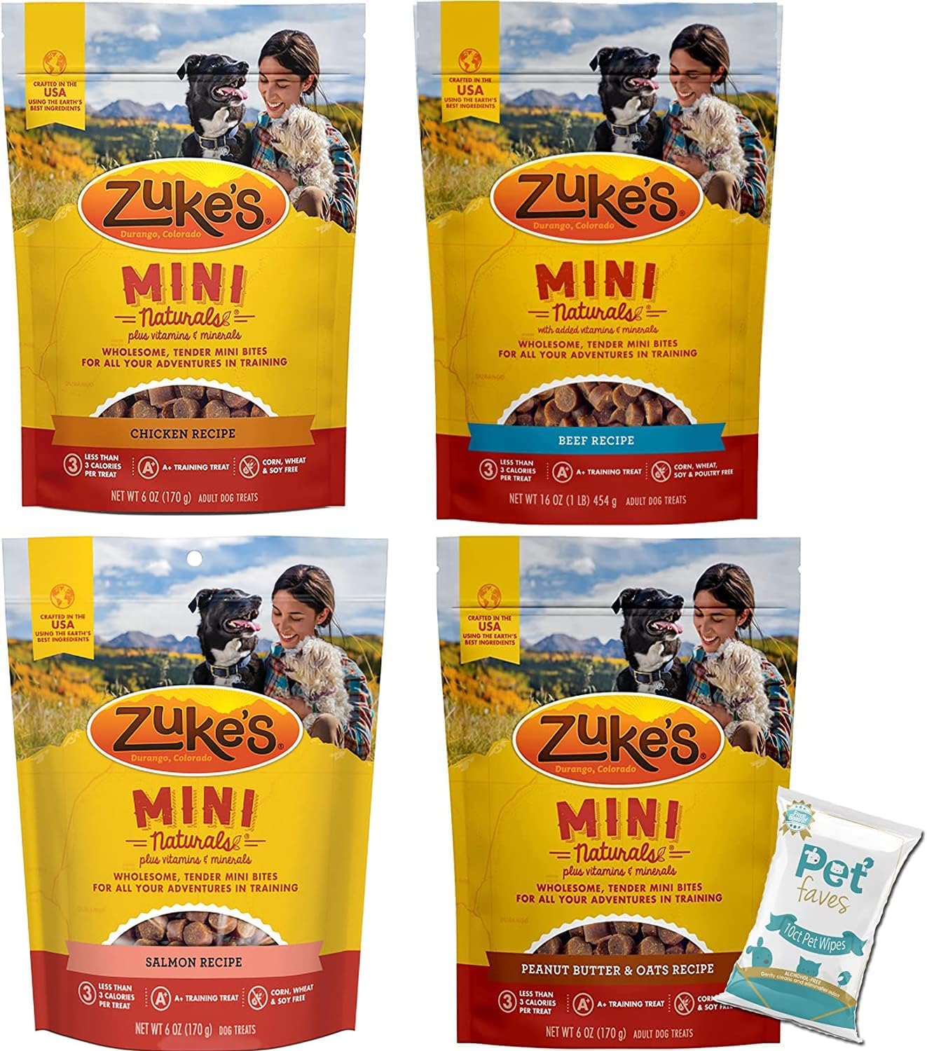 Pet Faves Zukes Mini Naturals Dog Treats Variety Pack - Chicken, Beef, Salmon, Peanut Butter (4 Pack, 6oz Each) + 10ct Pet Wipes