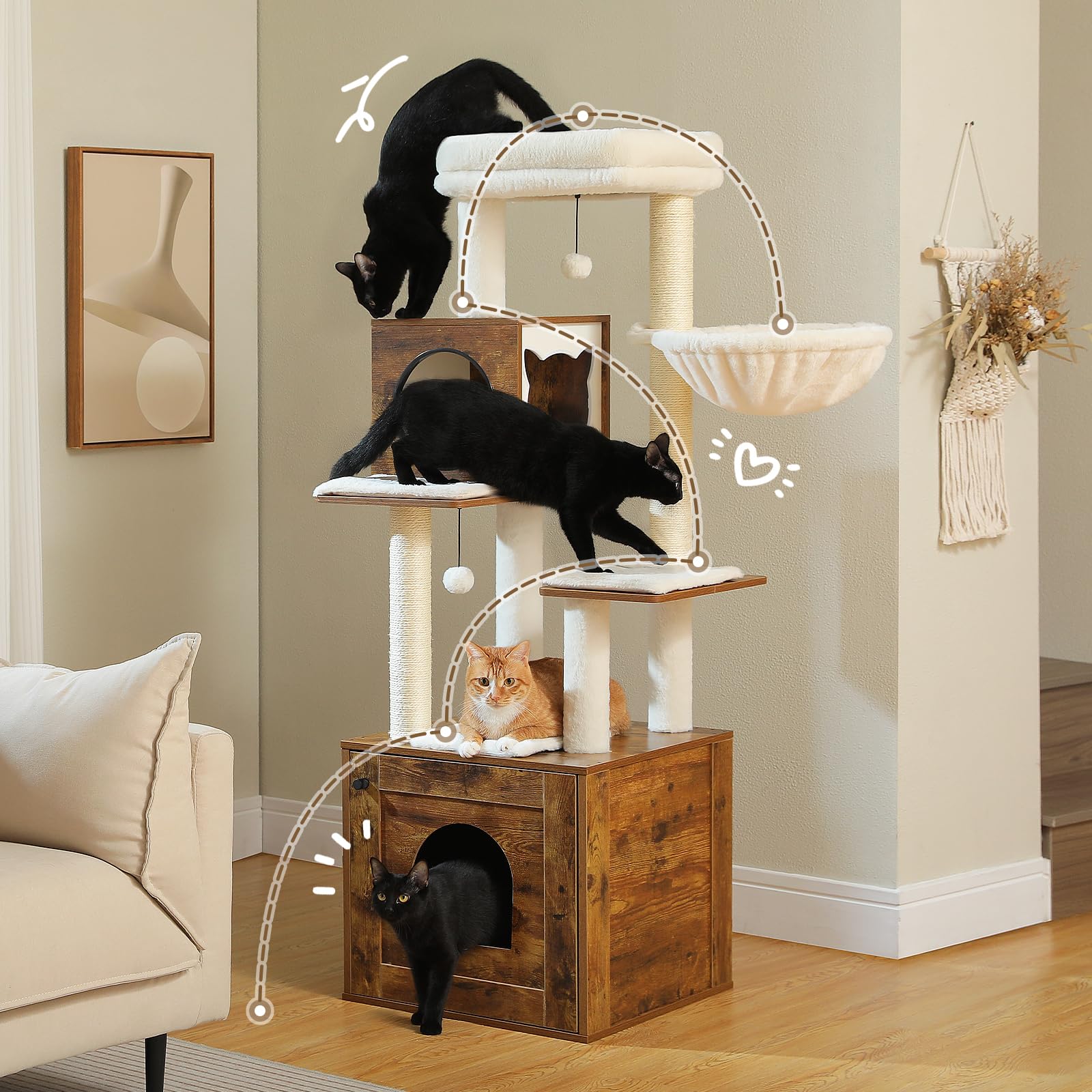 Miomum Tall Cat Tree With Litter Box Enclosure 57.5' Wooden Cat Tower For Large Cats With Cat Hammock House Bed (Wood Walnut)