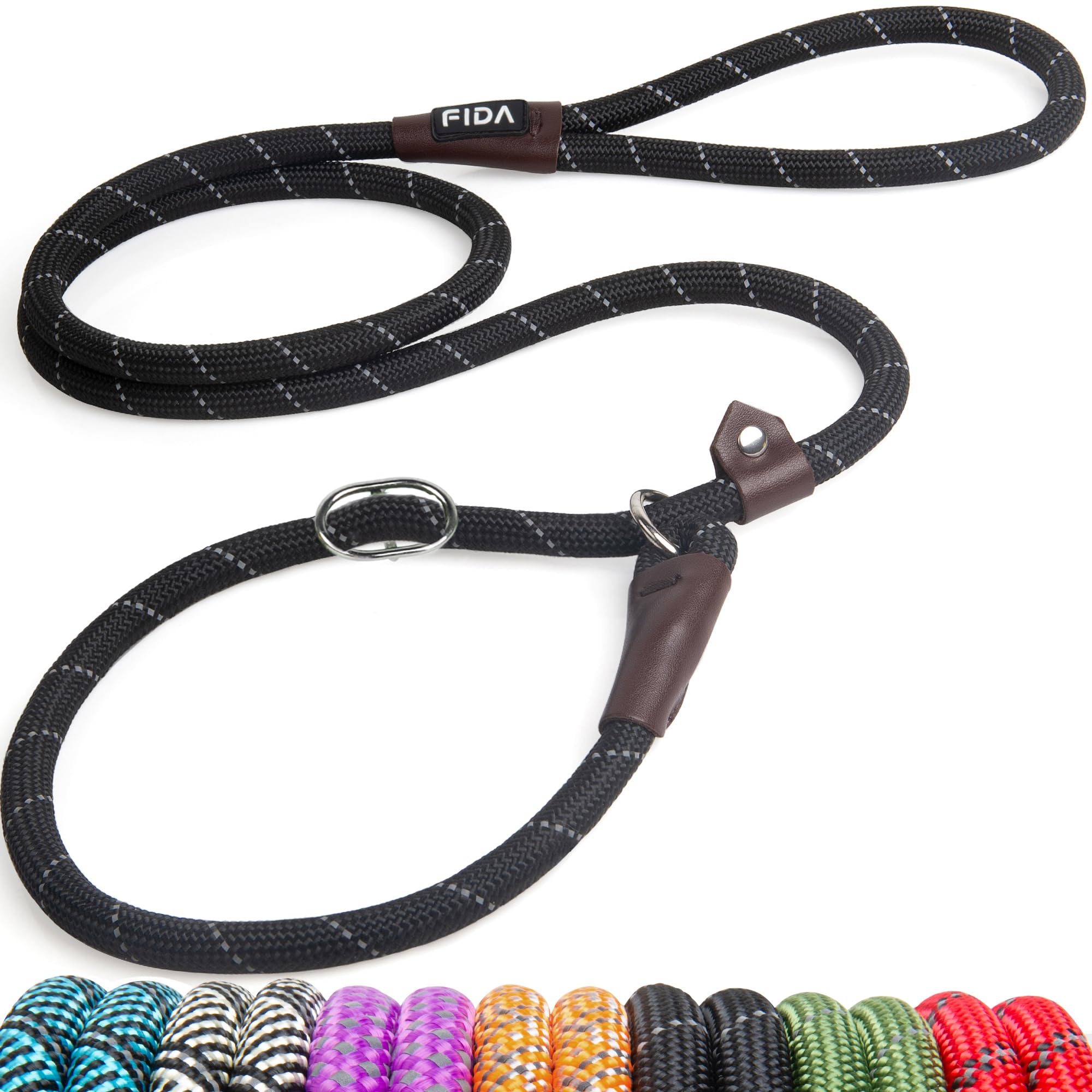 Fida Durable Slip Lead Dog Leash, 6 Ft X 1/2' Heavy Duty Comfortable Strong Rope Leash For Large, Medium Dogs, No Pull Pet Training Leash With Highly Reflective, Black