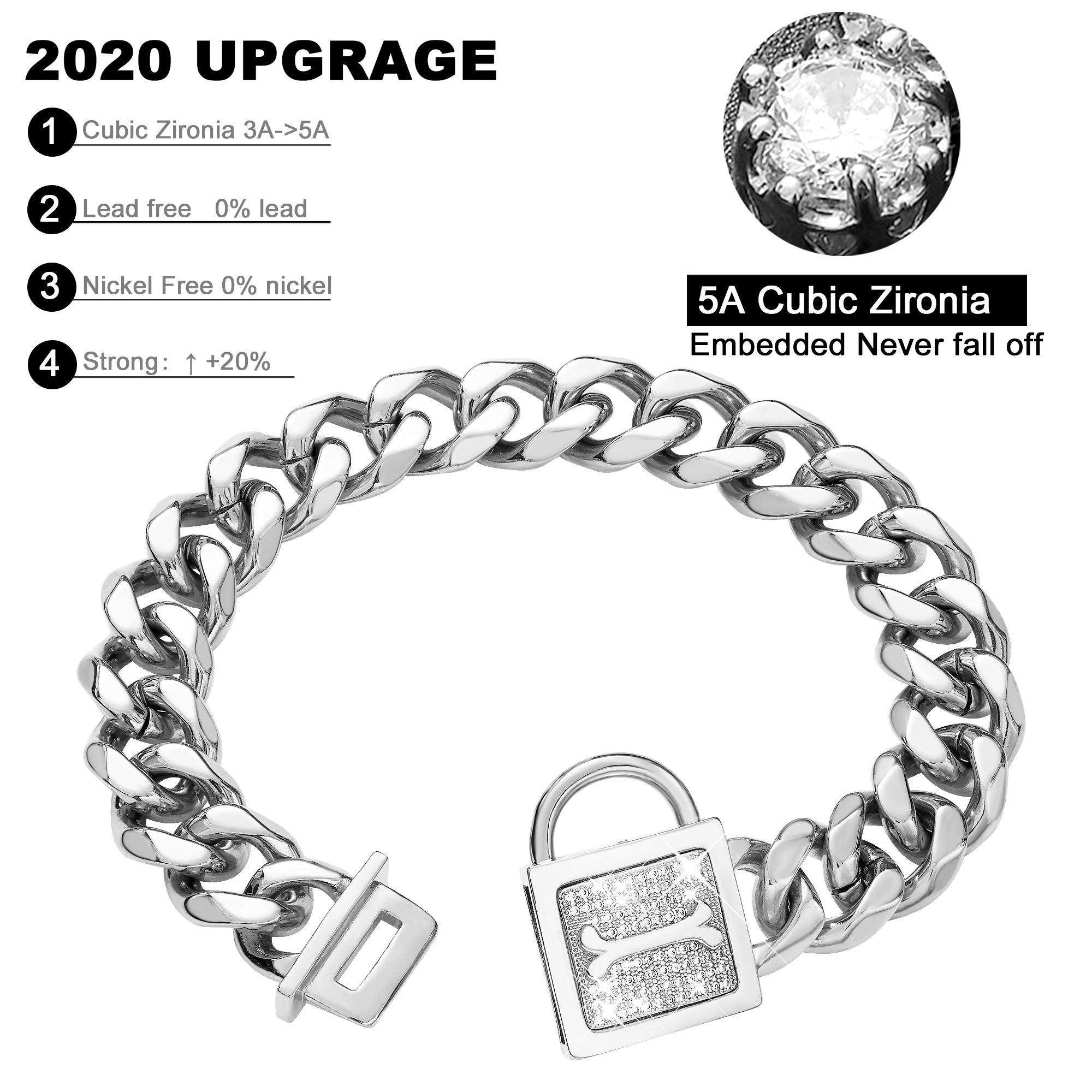 PRADOG Dog Collar with Zirconia Locking 19MM Hand Polished Stainless Steel Metal Puppy Collar Luxury Dog Bling Necklace Small Me