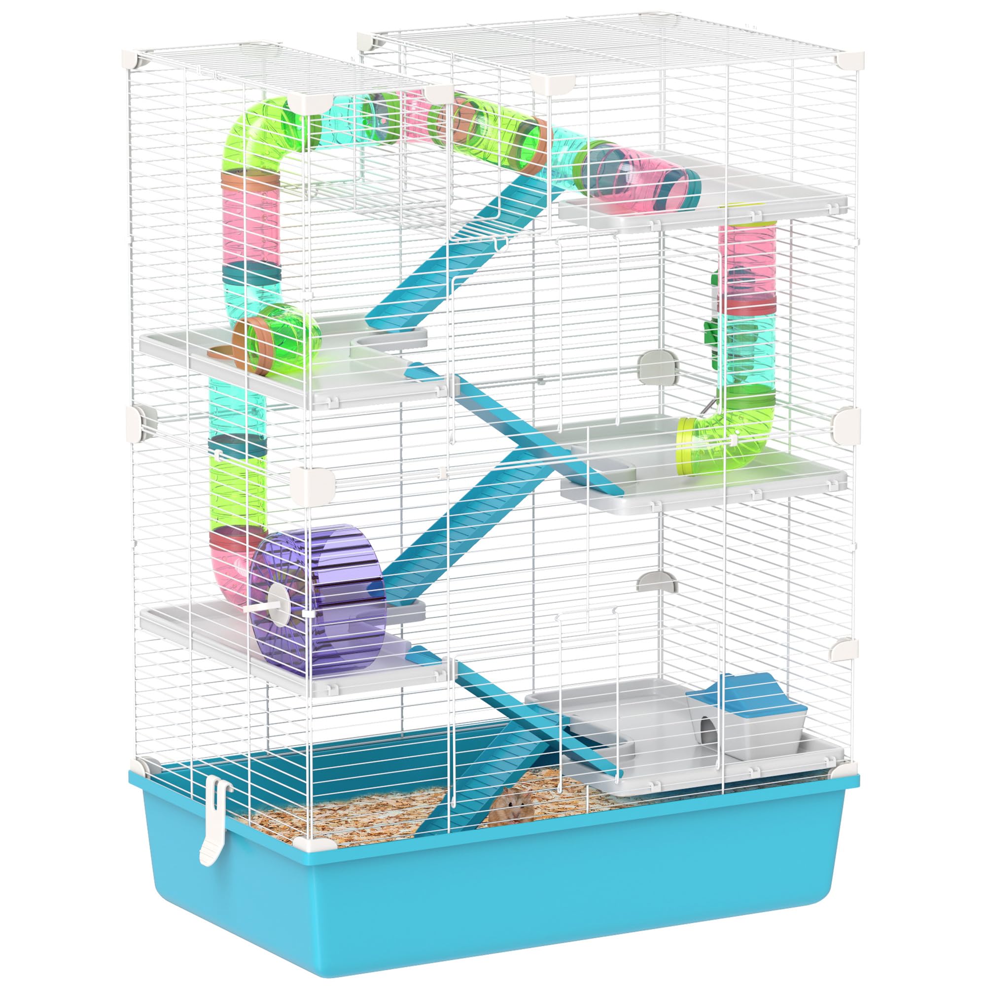 PawHut Hamster Cage, 6 Tier Small Animal Cage with Tubes and Tunnels, 32 DIY Design Large Hamster Cage with Hut, Wheel, Food Dis