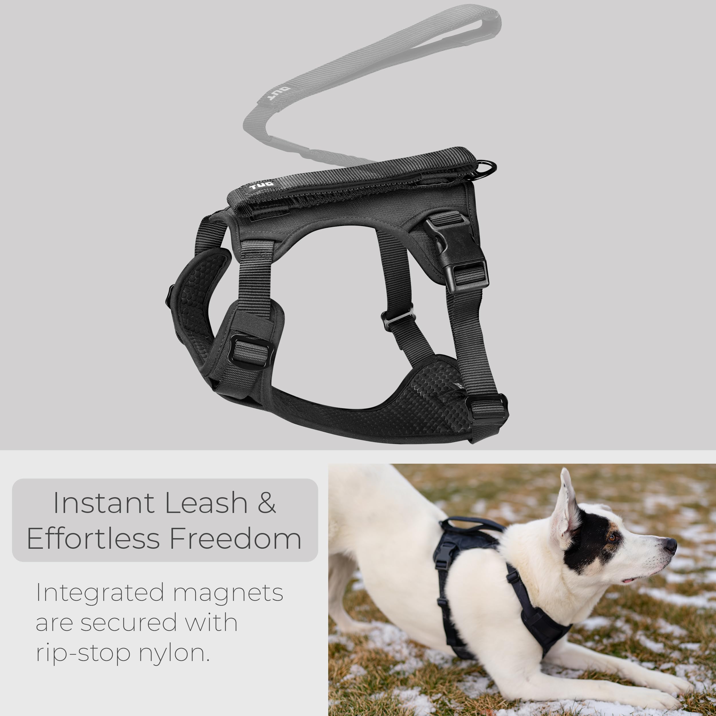 TUG Dog Harness with Integrated Traffic Leash, Medium, Black - Quick Control and Comfort