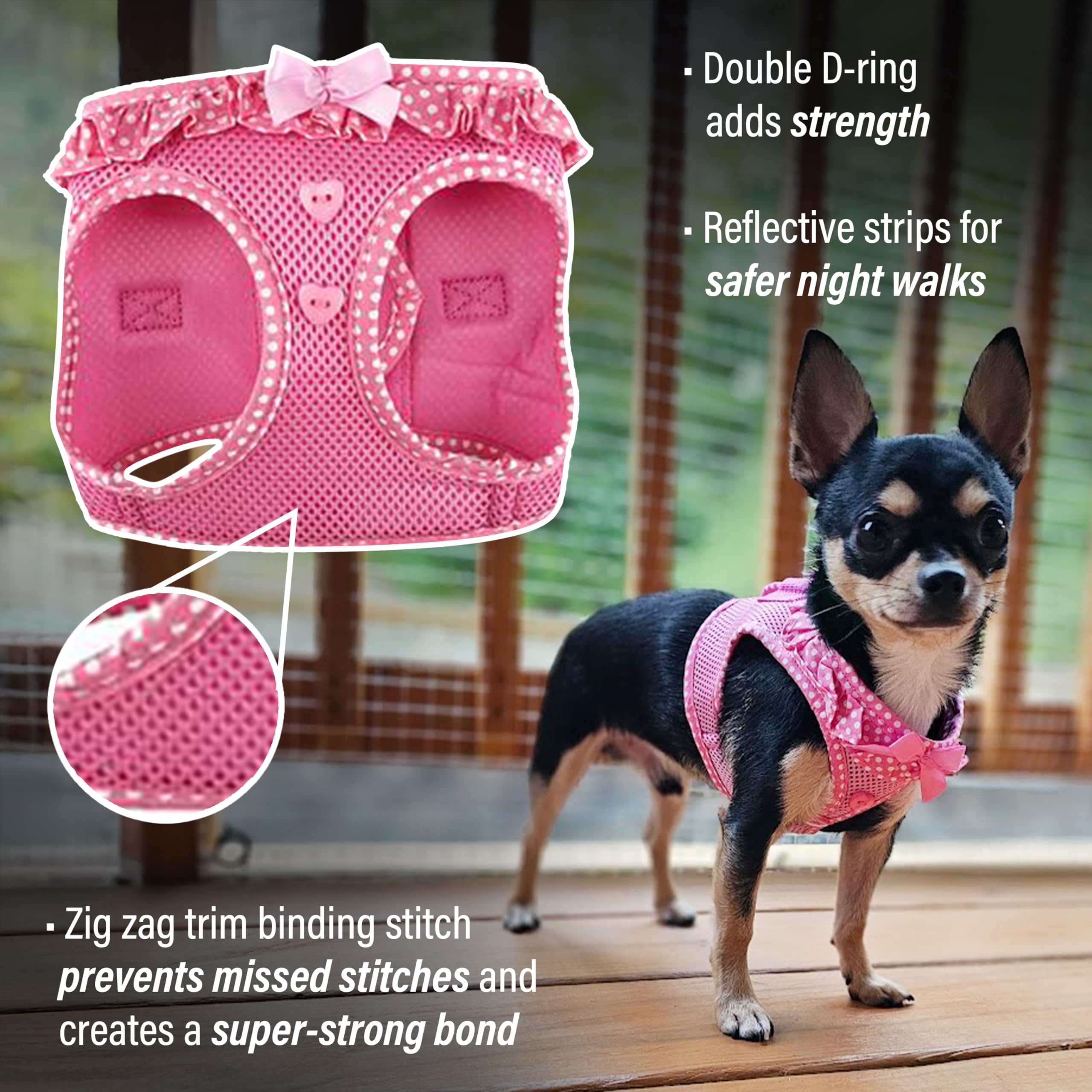 Doggie Design Dog Harness - No Choke Dog Harness, Dog Vest, Mesh Polyester, Pet Harness, Simple Step In And Go Design - Pink Polka Dot - S