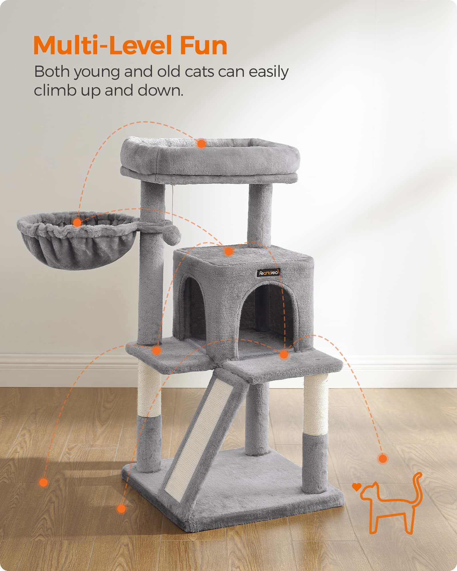 Feandrea Cat Tree, Small Cat Tower With Widened Perch For Large Cats Indoor, Kittens, 37.8-Inch Multi-Level Cat Condo, Scratching Posts And Ramp, 2-Door Cat Cave, Cat Basket, Light Gray Upct51W