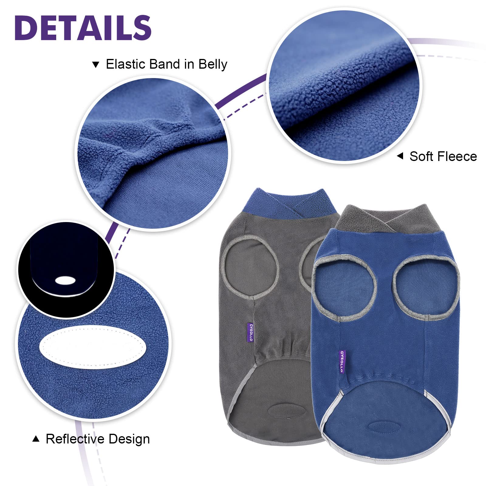 Cyeollo 2 Pack Dog Sweater Stretchy Sweatshirt Soft Fleece With Reflective Stripe Pullover Dog Jacket Pet Puppy Dog Clothes In Cold Weather Sweaters For Small Dogs Grey & Blue
