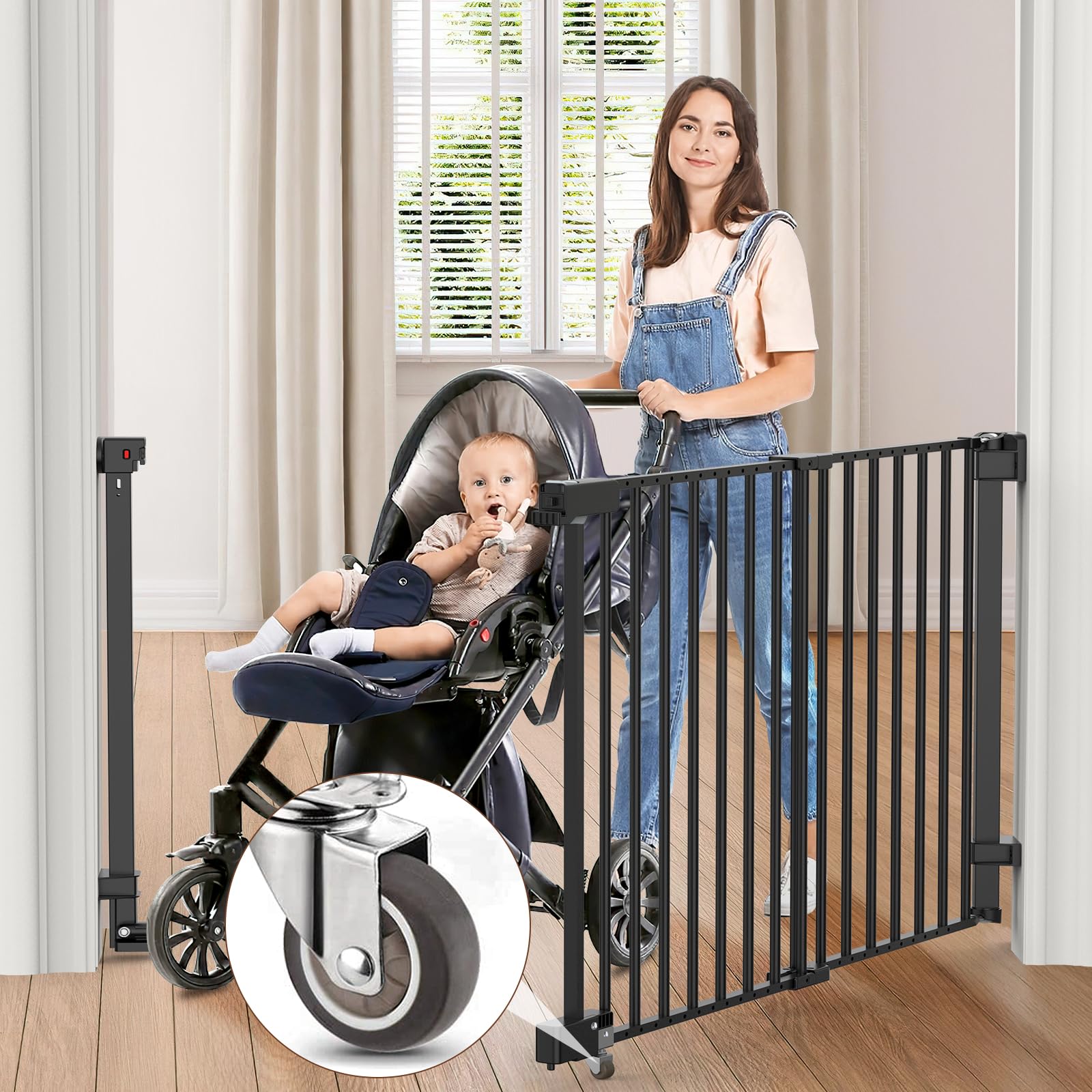 FURTIME 29-43.3 '' Sliding Baby/Dog Gate, No Bottom Bar Baby Gate for Doorways, Extra-Wide Walk Thru Door with Bottom Rubber Whe