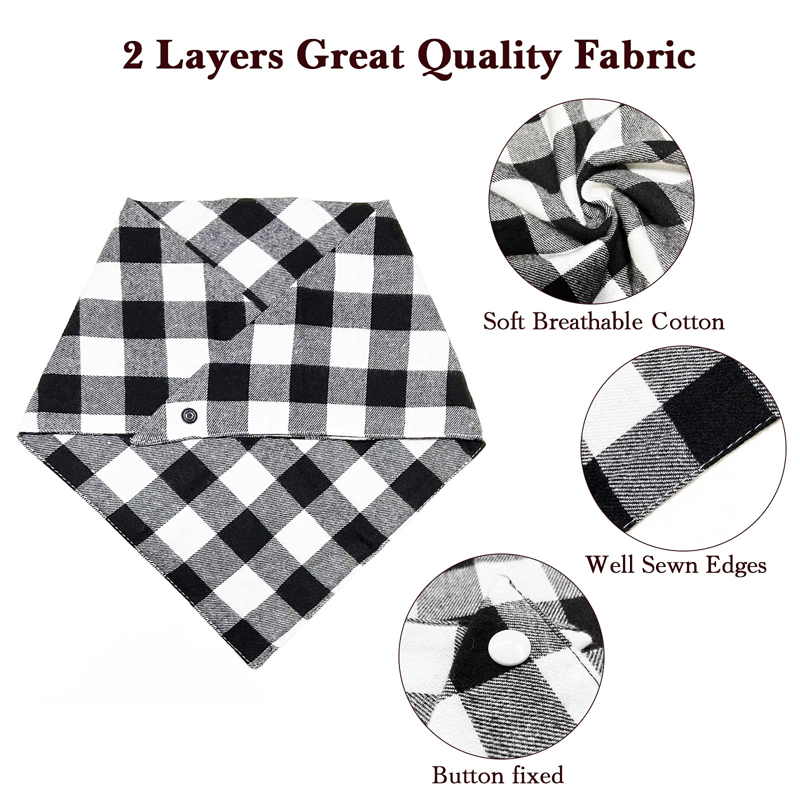 2Pcs Chirstmas Red And Black-White Plaid Dog Bandanas With Button, Dual Layer Scarf Soft Cotton Triangle Bib Girls And Boys Kerc