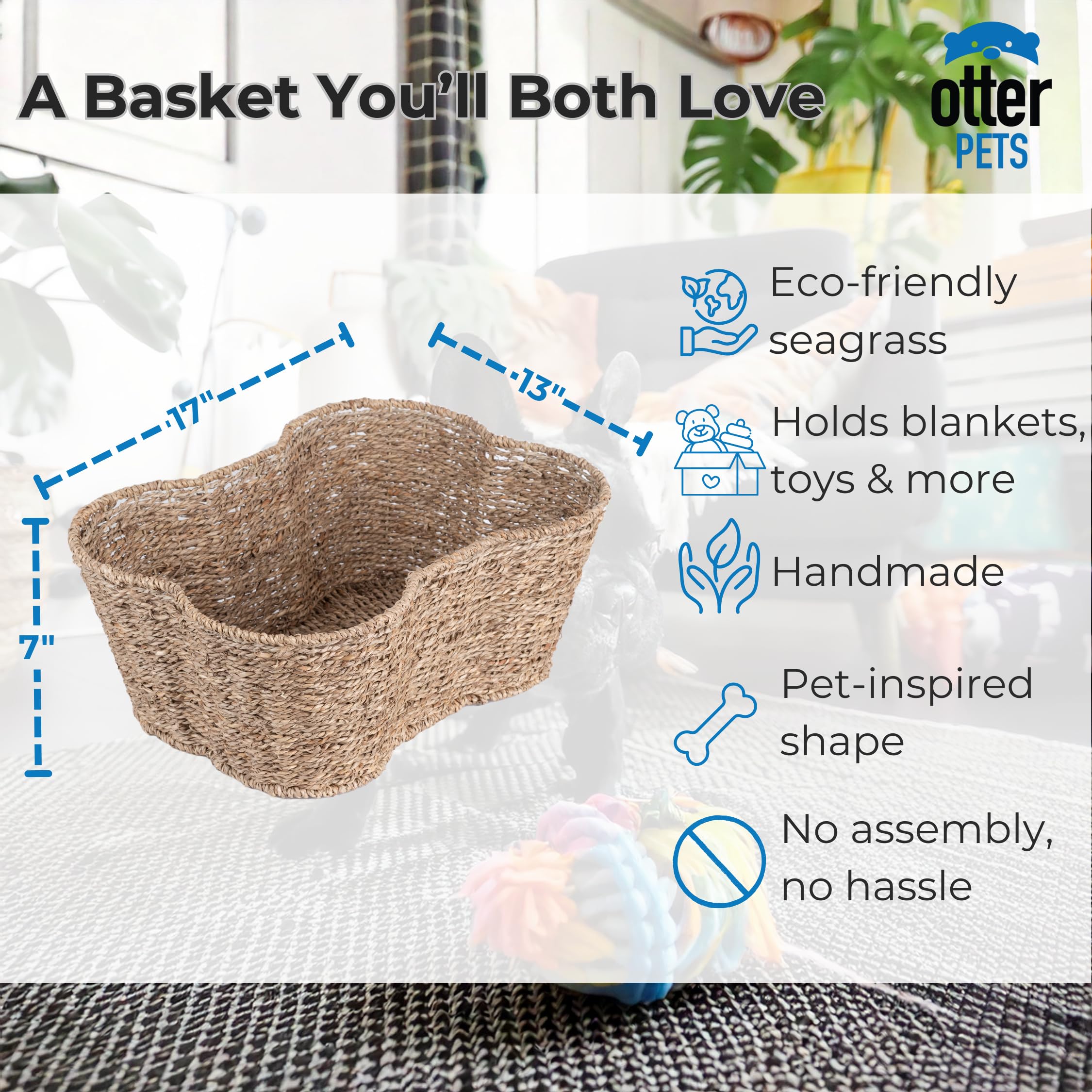 OtterPets Bone Shape Seagrass Toy Bin - Handmade Storage Basket for Dogs, All Breed Sizes