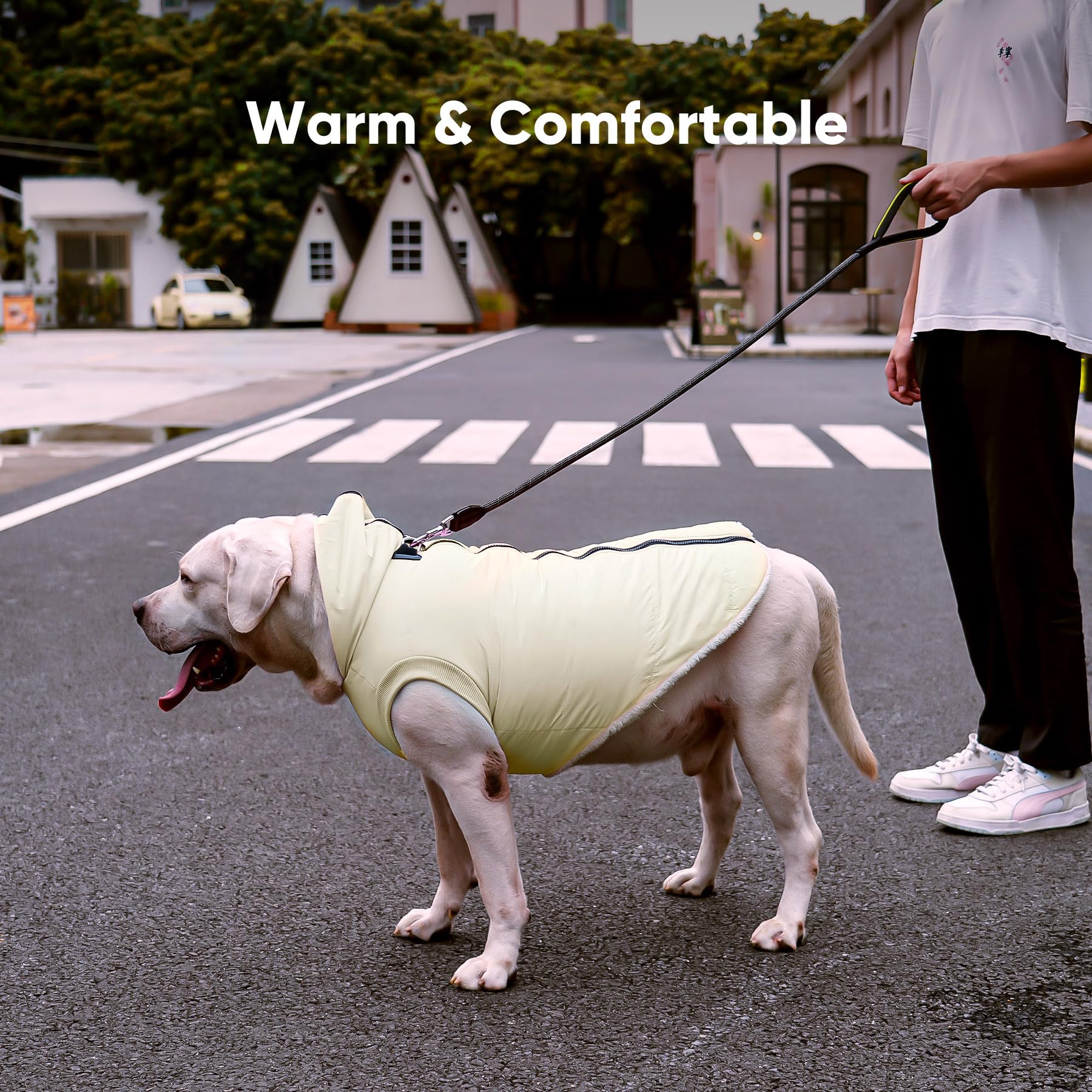 Vecomfy Fleece Lining Dog Hoodie With Harness Built In,Extra Warm Medium Dog Jacket In Winter Doggie Coats With Hooded,Light Yellow Xl