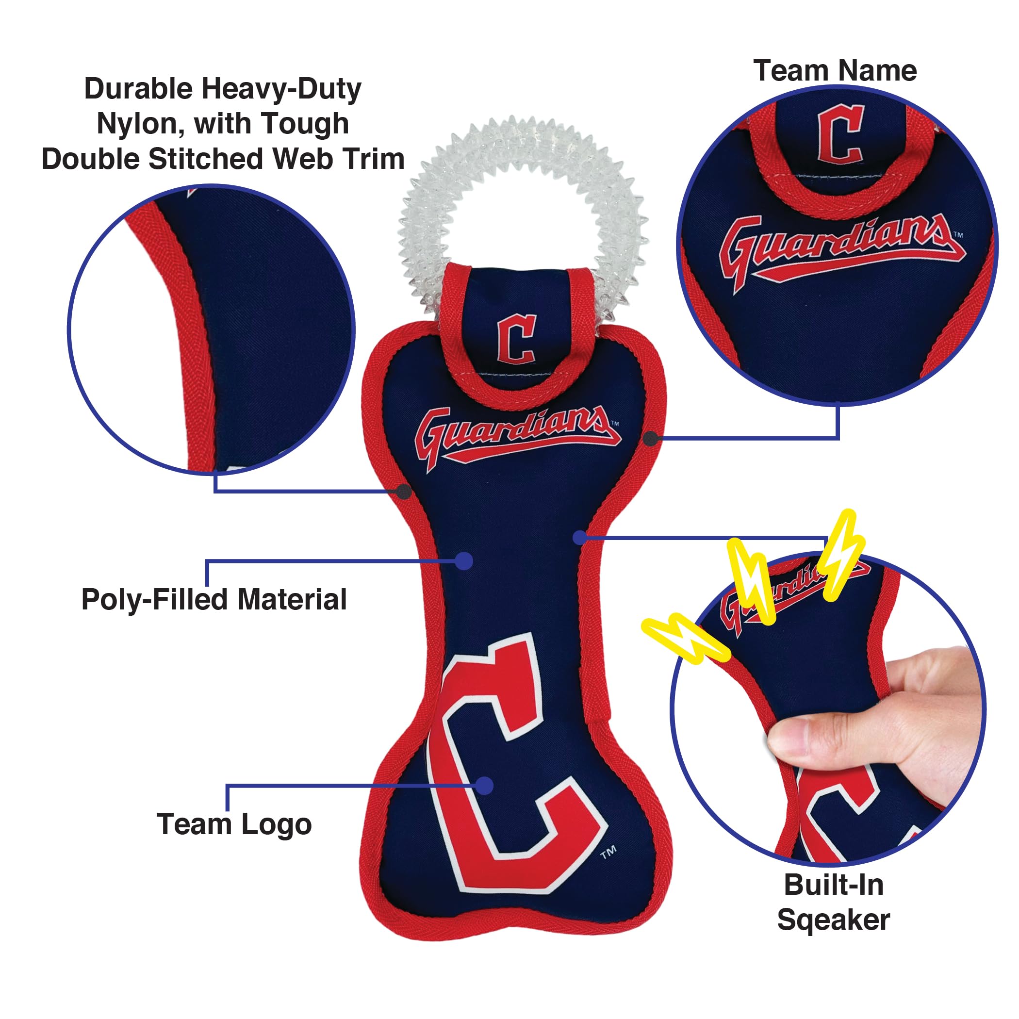 Mlb Cleveland Guardians Bone Shaped Dental Dog Tug Toy With Squeaker. Tough Pet Toy For Healthy Fun, Teething, And Cleaning Pet'