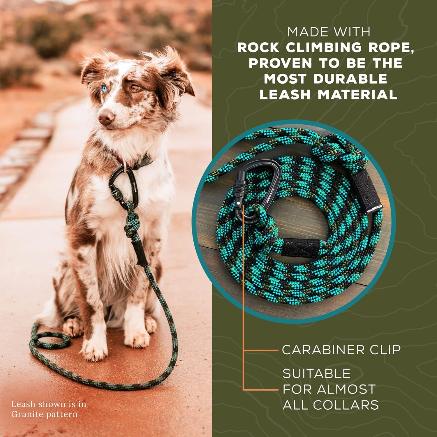 Wilderdog Carabiner Climbing Rope Dog Leash For Medium & Large Dogs - 10Ft - Granite