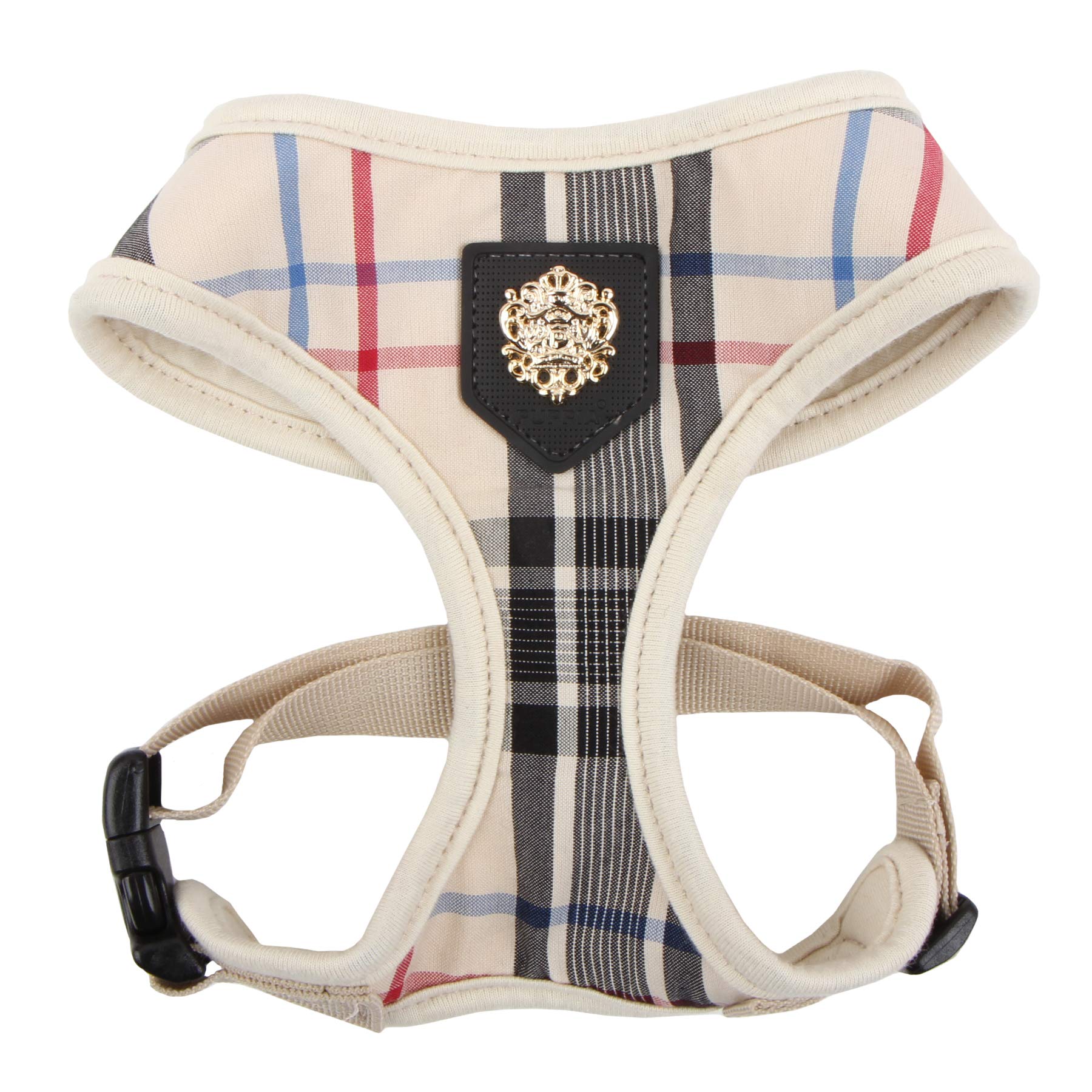 Puppia Junior Over-The-Head Dog Harness Checkered Pattern No Choke No Pull Adjustable Chest Belt Walking Training For Small And Medium Dog, Medium, Beige