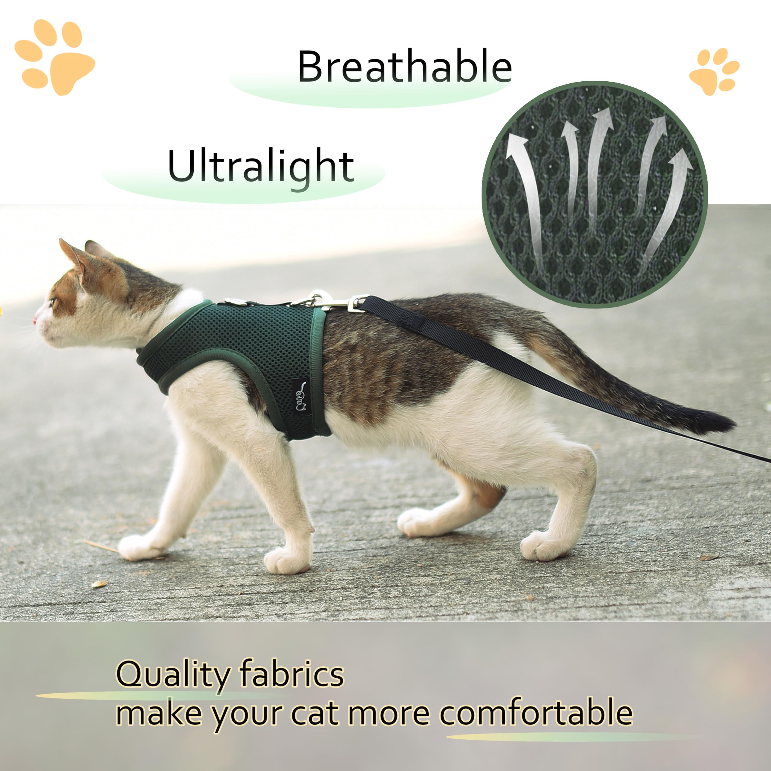 Cat Harness and Leash for Walking Escape Proof Breathable Mesh Fabric, Solid Green, Medium, Adjustable Cat Walking Jackets, Padd