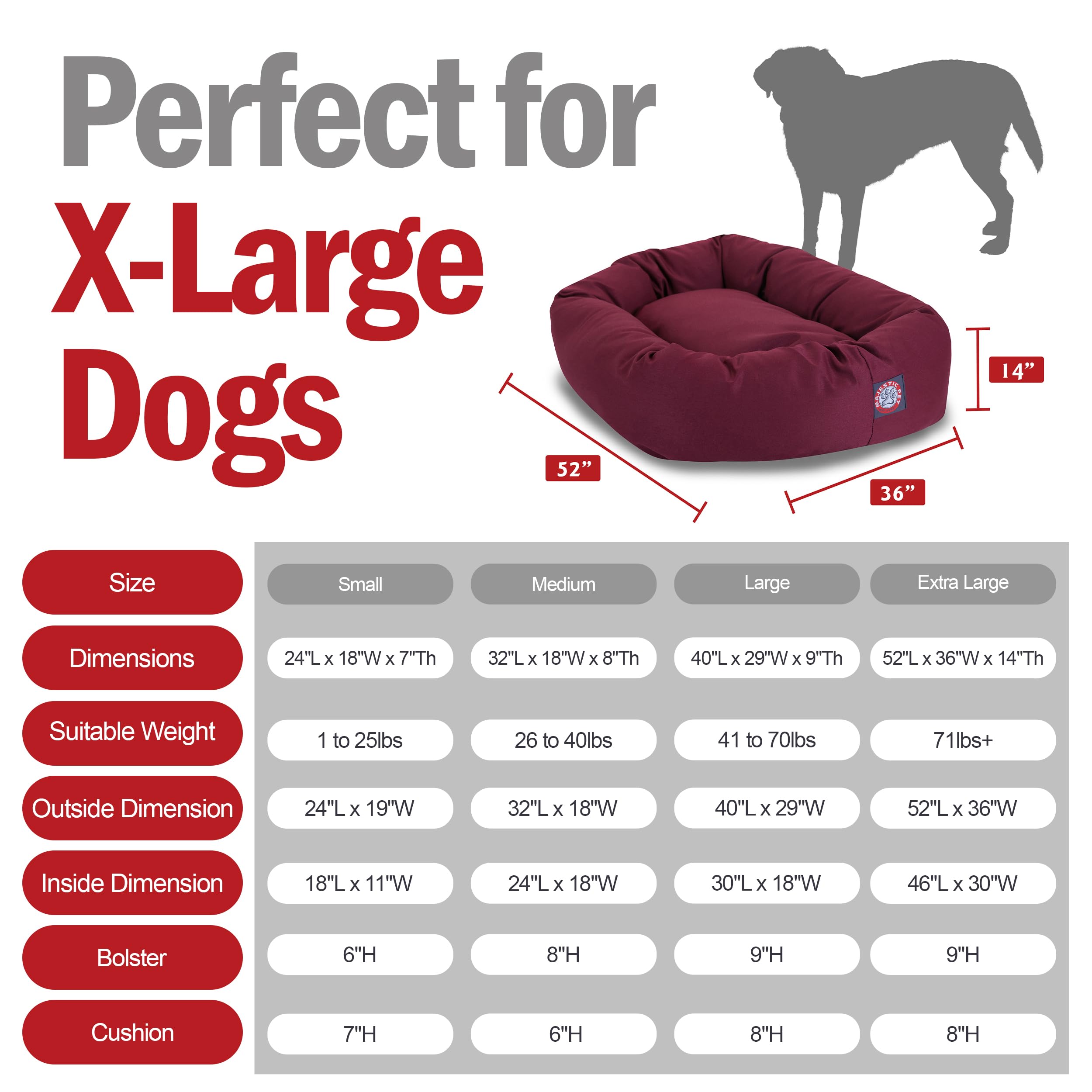 Majestic Pet 52 Inch Bagel Calming Dog Bed Washable – Cozy Soft Round Dog Bed With Spine Support For Dogs To Rest Their Head - Fluffy Donut Dog Bed 52X35X11 (Inch) - Round Pet Bed X-Large – Burgundy