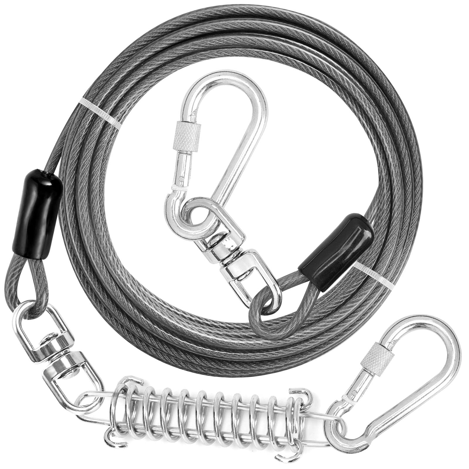 jenico Dog Tie Out Cable, 10/15/20/30/40/50/70/100/150FT Runner Cable with Swivel Hook and Shock Spring, Dog Leash Run Tether fo