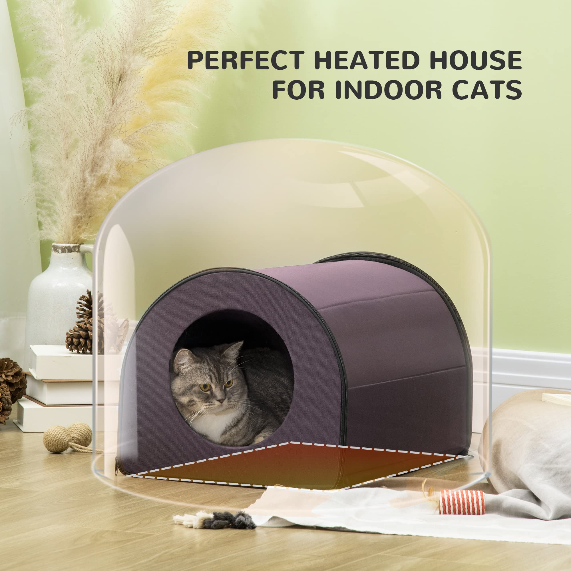 Pawhut Dome Heated Cat House Portable And Waterproof Pet Shelter For Kitty In Winter, Brown