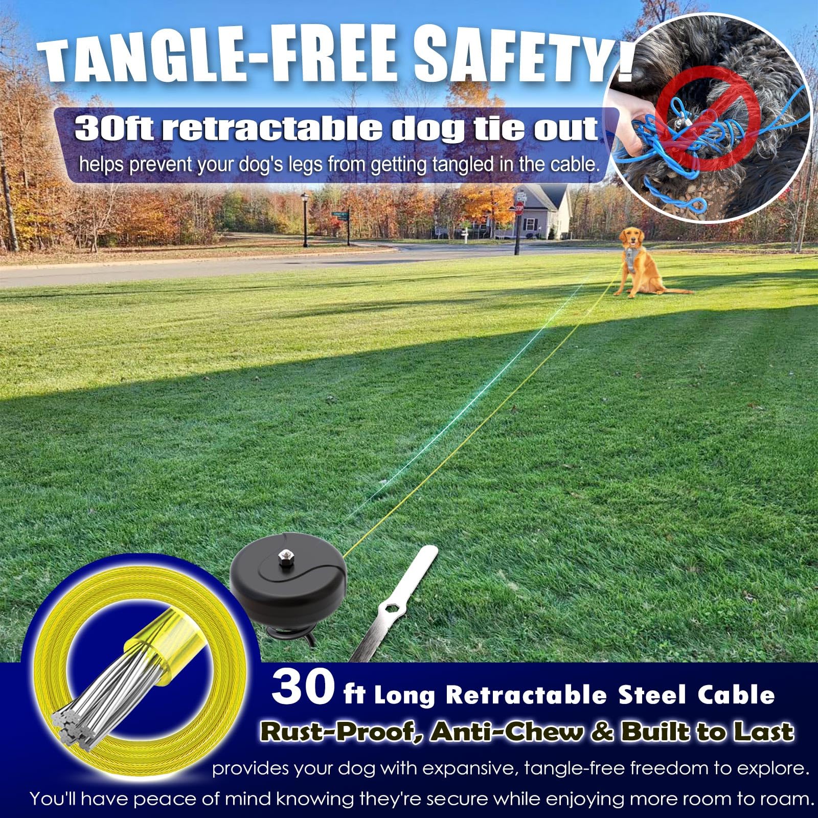 Pestairs Dog Tie Out Cable & Stake, 30ft Heavy Spiral, 360° No Tangle, for Dogs 10-90 lbs, Black, Model FC-0001