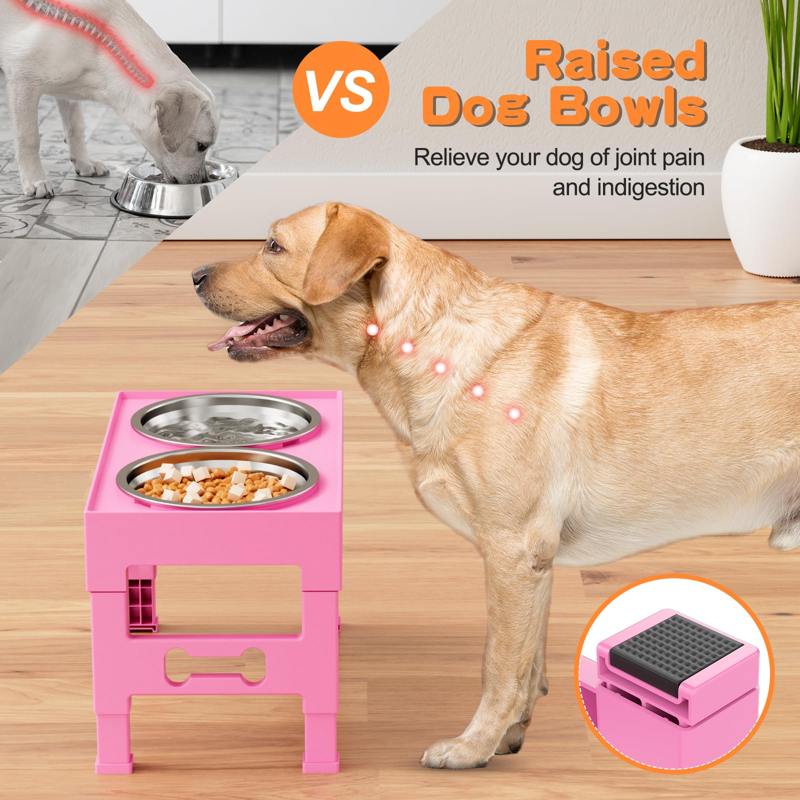 LAKIPETN Elevated Dog Bowls with 2 Stainless Steel Bowls, Raised Dog Food Bowl Stand 5 Height Adjustable (3.1 , 9 , 10 , 11 , 12