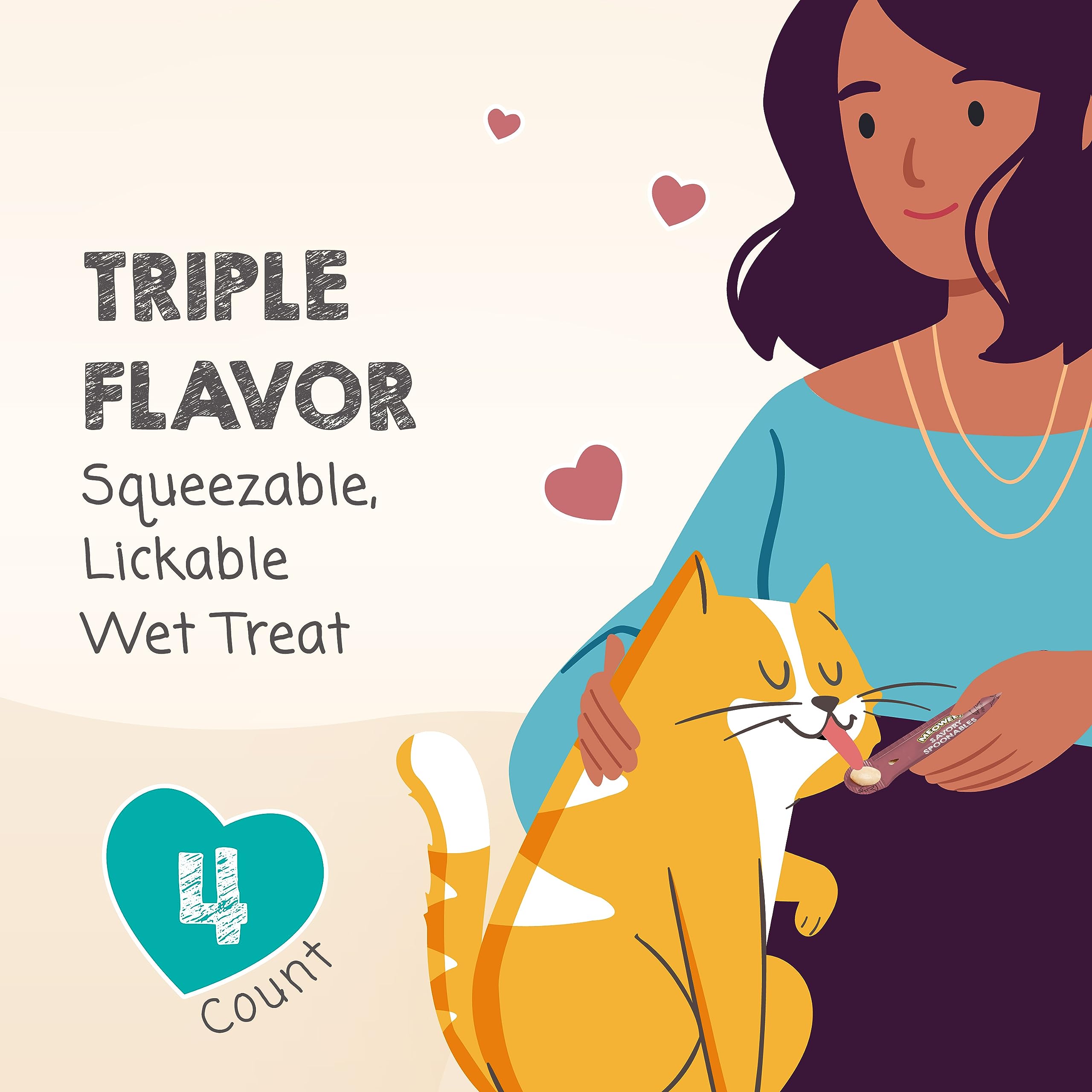 MEOWEE! Savory Spoonables with Real Salmon, Tuna and Krill for Cats, 4 Count, Treat Your Cat to Triple Flavor Squeezable Lickabl